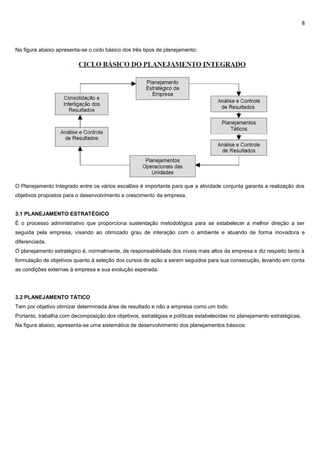 8
Na figura abaixo apresenta-se o ciclo básico dos três tipos de planejamento:
O Planejamento Integrado entre os vários escalões é importante para que a atividade conjunta garanta a realização dos
objetivos propostos para o desenvolvimento e crescimento da empresa.
3.1 PLANEJAMENTO ESTRATÉGICO
É o processo administrativo que proporciona sustentação metodológica para se estabelecer a melhor direção a ser
seguida pela empresa, visando ao otimizado grau de interação com o ambiente e atuando de forma inovadora e
diferenciada.
O planejamento estratégico é, normalmente, de responsabilidade dos níveis mais altos da empresa e diz respeito tanto à
formulação de objetivos quanto à seleção dos cursos de ação a serem seguidos para sua consecução, levando em conta
as condições externas à empresa e sua evolução esperada.
3.2 PLANEJAMENTO TÁTICO
Tem por objetivo otimizar determinada área de resultado e não a empresa como um todo.
Portanto, trabalha com decomposição dos objetivos, estratégias e políticas estabelecidas no planejamento estratégicas.
Na figura abaixo, apresenta-se uma sistemática de desenvolvimento dos planejamentos básicos:
 