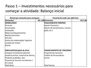 Passo 1 – Investimentos necessários para começar a atividade: Balanço inicial