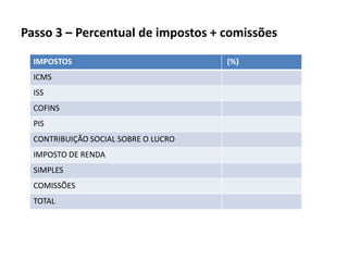 Passo 3 – Percentual de impostos + comissões