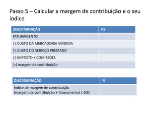 Passo 5 – Calcular a margem de contribuição e o seu índice