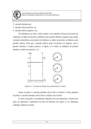 Escola Politécnica da Universidade de São Paulo
Depto. de Engenharia Mecatrônica e de Sistemas Mecânicos
Pneumática
10
2 - pressão absoluta (pa);
3 - pressão relativa positiva +pe;
4 - pressão relativa negativa +-pe;
Por definição pe=pa-1bar. Assim, usando o zero absoluto (vácuo) como ponto de
referência, os dados de pressão se definem como pressão absoluta, enquanto que usando
a pressão atmosférica como ponto de referência os dados de pressão se definem como
pressão relativa. Note que a pressão relativa pode ser positiva ou negativa, mas a
pressão absoluta é sempre positiva. A figura 2.1.2 indica as medições de pressão
absoluta e relativa nos pontos 1 e 2.
Figura 2.1.1 - Exemplo de medição de pressões absoluta e relativa.
Assim, no ponto 1 a pressão absoluta vale 2,5 bar e a relativa 1,5 bar, enquanto
no ponto 2 a pressão absoluta vale 0,2 bar e a relativa vale -0,8 bar.
O valor da pressão é normalmente indicado com um manômetro. Existem três
tipos de manômetro: manômetro de tubo de Bourdon (ver figura 2.1.3), diafragma
ondulado, êmbolo com mola.
 