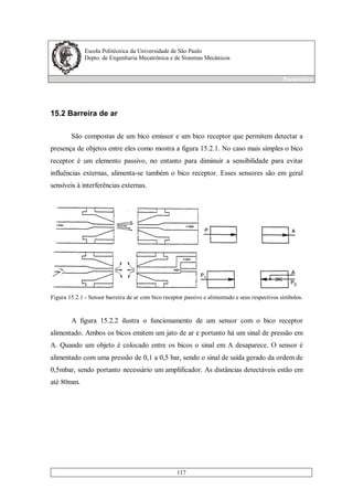 Escola Politécnica da Universidade de São Paulo
Depto. de Engenharia Mecatrônica e de Sistemas Mecânicos
Pneumática
117
15.2 Barreira de ar
São compostas de um bico emissor e um bico receptor que permitem detectar a
presença de objetos entre eles como mostra a figura 15.2.1. No caso mais simples o bico
receptor é um elemento passivo, no entanto para diminuir a sensibilidade para evitar
influências externas, alimenta-se também o bico receptor. Esses sensores são em geral
sensíveis à interferências externas.
Figura 15.2.1 - Sensor barreira de ar com bico receptor passivo e alimentado e seus respectivos símbolos.
A figura 15.2.2 ilustra o funcionamento de um sensor com o bico receptor
alimentado. Ambos os bicos emitem um jato de ar e portanto há um sinal de pressão em
A. Quando um objeto é colocado entre os bicos o sinal em A desaparece. O sensor é
alimentado com uma pressão de 0,1 a 0,5 bar, sendo o sinal de saída gerado da ordem de
0,5mbar, sendo portanto necessário um amplificador. As distâncias detectáveis estão em
até 80mm.
 
