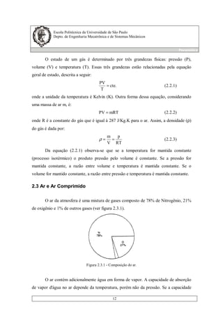 Escola Politécnica da Universidade de São Paulo
Depto. de Engenharia Mecatrônica e de Sistemas Mecânicos
Pneumática
12
O estado de um gás é determinado por três grandezas físicas: pressão (P),
volume (V) e temperatura (T). Essas três grandezas estão relacionadas pela equação
geral de estado, descrita a seguir:
.cte
T
PV
= (2.2.1)
onde a unidade da temperatura é Kelvin (K). Outra forma dessa equação, considerando
uma massa de ar m, é:
mRTPV = (2.2.2)
onde R é a constante do gás que é igual à 287 J/Kg.K para o ar. Assim, a densidade (ρ)
do gás é dada por:
RT
p
V
m
==ρ (2.2.3)
Da equação (2.2.1) observa-se que se a temperatura for mantida constante
(processo isotérmico) o produto pressão pelo volume é constante. Se a pressão for
mantida constante, a razão entre volume e temperatura é mantida constante. Se o
volume for mantido constante, a razão entre pressão e temperatura é mantida constante.
2.3 Ar e Ar Comprimido
O ar da atmosfera é uma mistura de gases composto de 78% de Nitrogênio, 21%
de oxigênio e 1% de outros gases (ver figura 2.3.1).
Figura 2.3.1 - Composição do ar.
O ar contém adicionalmente água em forma de vapor. A capacidade de absorção
de vapor d'água no ar depende da temperatura, porém não da pressão. Se a capacidade
 