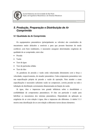 Escola Politécnica da Universidade de São Paulo
Depto. de Engenharia Mecatrônica e de Sistemas Mecânicos
Pneumática
23
5. Produção, Preparação e Distribuição de Ar
Comprimido
5.1 Qualidade do Ar Comprimido
Os equipamentos pneumáticos (principalmente as válvulas) são constituídos de
mecanismos muito delicados e sensíveis e para que possam funcionar de modo
confiável, com bom rendimento, é necessário assegurar determinadas exigências de
qualidade do ar comprimido, entre elas:
• Pressão
• Vazão
• Teor de água
• Teor de particulas sólidas
• Teor de óleo
As grandezas de pressão e vazão estão relacionadas diretamente com a força e
velocidade, respectivamente, do atuador pneumático. Cada componente penumático tem
sua especificação própria de pressão e vazão de operação. Para atender a essas
especificações é necessário suficiente vazão no compressor, correta pressão na rede e
tubulação de distribuição corretamente dimensionada em função da vazão.
Já água, óleo e impurezas tem grande influência sobre a durabilidade e
confiabilidade de componentes pneumáticos. O óleo em particular é usado para
lubrificar os mecanismos dos sistemas pneumáticos. Dependendo da aplicação as
exigências do ar com relação à água, óleo e impurezas são diferentes. A tabela 5.1.1
mostra uma classificação do ar com relação a diferentes teores desses elementos.
 