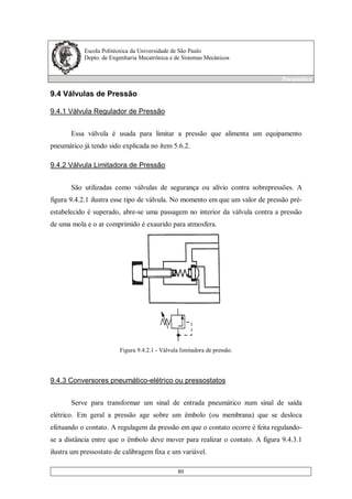 Escola Politécnica da Universidade de São Paulo
Depto. de Engenharia Mecatrônica e de Sistemas Mecânicos
Pneumática
80
9.4 Válvulas de Pressão
9.4.1 Válvula Regulador de Pressão
Essa válvula é usada para limitar a pressão que alimenta um equipamento
pneumático já tendo sido explicada no ítem 5.6.2.
9.4.2 Válvula Limitadora de Pressão
São utilizadas como válvulas de segurança ou alívio contra sobrepressões. A
figura 9.4.2.1 ilustra esse tipo de válvula. No momento em que um valor de pressão pré-
estabelecido é superado, abre-se uma passagem no interior da válvula contra a pressão
de uma mola e o ar comprimido é exaurido para atmosfera.
Figura 9.4.2.1 - Válvula limitadora de pressão.
9.4.3 Conversores pneumático-elétrico ou pressostatos
Serve para transformar um sinal de entrada pneumático num sinal de saída
elétrico. Em geral a pressão age sobre um êmbolo (ou membrana) que se desloca
efetuando o contato. A regulagem da pressão em que o contato ocorre é feita regulando-
se a distância entre que o êmbolo deve mover para realizar o contato. A figura 9.4.3.1
ilustra um pressostato de calibragem fixa e um variável.
 