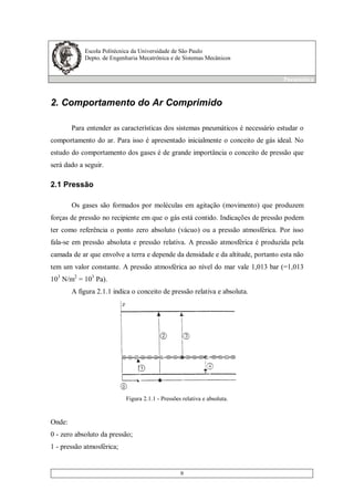 Escola Politécnica da Universidade de São Paulo
Depto. de Engenharia Mecatrônica e de Sistemas Mecânicos
Pneumática
9
2. Comportamento do Ar Comprimido
Para entender as características dos sistemas pneumáticos é necessário estudar o
comportamento do ar. Para isso é apresentado inicialmente o conceito de gás ideal. No
estudo do comportamento dos gases é de grande importância o conceito de pressão que
será dado a seguir.
2.1 Pressão
Os gases são formados por moléculas em agitação (movimento) que produzem
forças de pressão no recipiente em que o gás está contido. Indicações de pressão podem
ter como referência o ponto zero absoluto (vácuo) ou a pressão atmosférica. Por isso
fala-se em pressão absoluta e pressão relativa. A pressão atmosférica é produzida pela
camada de ar que envolve a terra e depende da densidade e da altitude, portanto esta não
tem um valor constante. A pressão atmosférica ao nível do mar vale 1,013 bar (=1,013
103
N/m2
= 103
Pa).
A figura 2.1.1 indica o conceito de pressão relativa e absoluta.
Figura 2.1.1 - Pressões relativa e absoluta.
Onde:
0 - zero absoluto da pressão;
1 - pressão atmosférica;
 