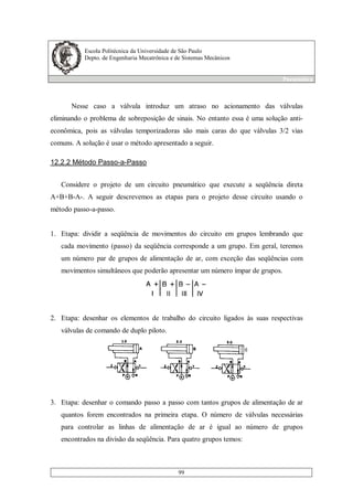 Escola Politécnica da Universidade de São Paulo
Depto. de Engenharia Mecatrônica e de Sistemas Mecânicos
Pneumática
99
Nesse caso a válvula introduz um atraso no acionamento das válvulas
eliminando o problema de sobreposição de sinais. No entanto essa é uma solução anti-
econômica, pois as válvulas temporizadoras são mais caras do que válvulas 3/2 vias
comuns. A solução é usar o método apresentado a seguir.
12.2.2 Método Passo-a-Passo
Considere o projeto de um circuito pneumático que execute a seqüência direta
A+B+B-A-. A seguir descrevemos as etapas para o projeto desse circuito usando o
método passo-a-passo.
1. Etapa: dividir a seqüência de movimentos do circuito em grupos lembrando que
cada movimento (passo) da seqüência corresponde a um grupo. Em geral, teremos
um número par de grupos de alimentação de ar, com exceção das seqüências com
movimentos simultâneos que poderão apresentar um número ímpar de grupos.
2. Etapa: desenhar os elementos de trabalho do circuito ligados às suas respectivas
válvulas de comando de duplo piloto.
3. Etapa: desenhar o comando passo a passo com tantos grupos de alimentação de ar
quantos forem encontrados na primeira etapa. O número de válvulas necessárias
para controlar as linhas de alimentação de ar é igual ao número de grupos
encontrados na divisão da seqüência. Para quatro grupos temos:
 