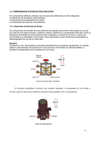 13. COMPONENTES ELÉTRICOS DOS CIRCUITOS
Os componentes elétricos utilizados nos circuitos são distribuídos em três categorias:
os elementos de entrada de sinais elétricos,
os elementos de processamento de sinais,
e os elementos de saída de sinais elétricos.
13.1. Elementos de Entrada de Sinais
Os componentes de entrada de sinais elétricos são aqueles que emitem informações ao circuito
por meio de uma ação muscular, mecânica, elétrica, eletrônica ou combinação entre elas. Entre os
elementos de entrada de sinais podemos citar a botoeiras, a chave fim de curso, o sensor de
proximidade e o pressostato, entre outros, todos destinados a emitir sinais para energização ou
desenergização do circuito ou parte dele.
Botoeira
A botoeira é uma chave elétrica acionada manualmente que apresenta, geralmente, um contato
aberto e outro fechado. De acordo com o tipo de sinal a ser enviado ao comando elétrico, a
botoeira é caracterizada como pulsadora ou com trava.
As botoeiras pulsadoras invertem seus contatos mediante o acionamento de um botão e,
devido a ação de uma mola, retornam à posição inicial quando cessa o acionamento.
112
 