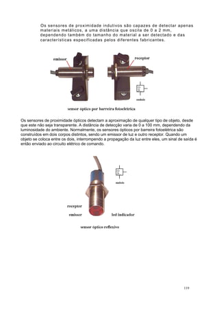 Os sensores de proximidade indutivos são capazes de detectar apenas
materiais metálicos, a uma distância que oscila de 0 a 2 mm,
dependendo também do tamanho do material a ser detectado e das
características especificadas pelos diferentes fabricantes.
Os sensores de proximidade ópticos detectam a aproximação de qualquer tipo de objeto, desde
que este não seja transparente. A distância de detecção varia de 0 a 100 mm, dependendo da
luminosidade do ambiente. Normalmente, os sensores ópticos por barreira fotoelétrica são
construídos em dois corpos distintos, sendo um emissor de luz e outro receptor. Quando um
objeto se coloca entre os dois, interrompendo a propagação da luz entre eles, um sinal de saída é
então enviado ao circuito elétrico de comando.
119
 
