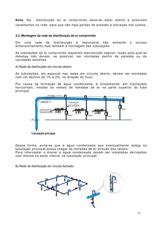 Nota: Na distribuição do ar comprimido deve-se estar atento a possíveis
vazamentos na rede, para que não haja perdas de pressão e elevação nos custos.
3.3. Montagem da rede de distribuição de ar comprimido
Em uma rede de distribuição é importante não somente o correto
dimensionamento mas também a montagem das tubulações
As tubulações de ar comprimido requerem manutenção regular, razão pela qual as
mesmas não devem, se possível, ser montadas dentro de paredes ou de
cavidades estreitas.
A) Rede de distribuição em circuito aberto:
As tubulações, em especial nas redes em circuito aberto, devem ser montadas
com um declive de 1% a 2%, na direção do fluxo.
Por causa da formação de água condensada, é fundamental, em tubulações
horizontais, instalar os ramais de tomadas de ar na parte superior do tubo
principal.
Dessa forma, evita-se que a água condensada que eventualmente esteja na
tubulação principal possa chegar às tomadas de ar através dos ramais.
Para interceptar e drenar a água condensada devem ser instaladas derivações
com drenos na parte inferior na tubulação principal
B) Rede de distribuição em circuito fechado:
18
 