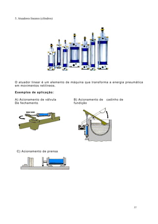 5. Atuadores lineares (cilindros)
O atuador linear é um elemento de máquina que transforma a energia pneumática
em movimentos retilíneos.
Exemplos de aplicação:
C) Acionamento de prensa
37
A) Acionamento de válvula B) Acionamento de cadinho de
De fechamento fundição
 