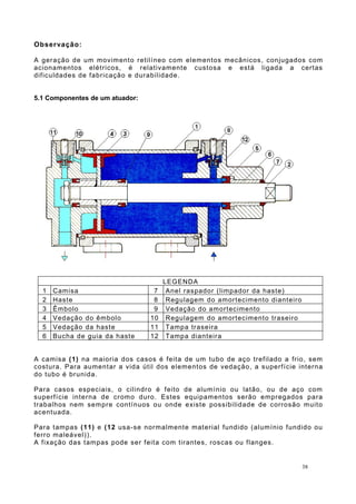 Observação:
A geração de um movimento retilíneo com elementos mecânicos, conjugados com
acionamentos elétricos, é relativamente custosa e está ligada a certas
dificuldades de fabricação e durabilidade.
5.1 Componentes de um atuador:
LEGENDA
1 Camisa 7 Anel raspador (limpador da haste)
2 Haste 8 Regulagem do amortecimento dianteiro
3 Êmbolo 9 Vedação do amortecimento
4 Vedação do êmbolo 10 Regulagem do amortecimento traseiro
5 Vedação da haste 11 Tampa traseira
6 Bucha de guia da haste 12 Tampa dianteira
A camisa (1) na maioria dos casos é feita de um tubo de aço trefilado a frio, sem
costura. Para aumentar a vida útil dos elementos de vedação, a superfície interna
do tubo é brunida.
Para casos especiais, o cilindro é feito de alumínio ou latão, ou de aço com
superfície interna de cromo duro. Estes equipamentos serão empregados para
trabalhos nem sempre contínuos ou onde existe possibilidade de corrosão muito
acentuada.
Para tampas (11) e (12 usa-se normalmente material fundido (alumínio fundido ou
ferro maleável)).
A fixação das tampas pode ser feita com tirantes, roscas ou flanges.
38
 