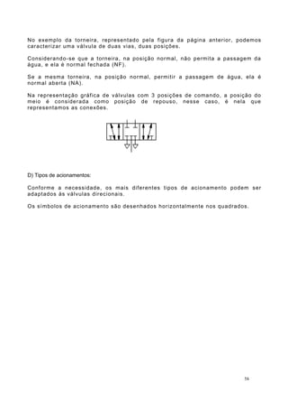 No exemplo da torneira, representado pela figura da página anterior, podemos
caracterizar uma válvula de duas vias, duas posições.
Considerando-se que a torneira, na posição normal, não permita a passagem da
água, e ela é normal fechada (NF).
Se a mesma torneira, na posição normal, permitir a passagem de água, ela é
normal aberta (NA).
Na representação gráfica de válvulas com 3 posições de comando, a posição do
meio é considerada como posição de repouso, nesse caso, é nela que
representamos as conexões.
D) Tipos de acionamentos:
Conforme a necessidade, os mais diferentes tipos de acionamento podem ser
adaptados às válvulas direcionais.
Os símbolos de acionamento são desenhados horizontalmente nos quadrados.
58
 
