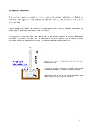 1.9. Pressão atmosférica
É a pressão que a atmosfera exerce sobre os corpos, atuando em todos os
sentidos. Ela equilibra uma coluna de 760mm (altura), de mercúrio, à 0º
C e ao
nível do mar.
Quem imaginou e levou a efeito essa experiência foi o físico italiano Torricelli, de
onde vem o nome de barômetro de Torricelli.
Ele usou um tubo de vidro com cerca de 1m de comprimento, e um dos extremos
fechado. Encheu-o de mercúrio e tampou o outro extremo com o dedo; depois
inverteu o tubo e mergulhou-o num recipiente também com mercúrio.
6
Quando retirou o dedo, o líquido desceu até atingir certa altura
formando uma coluna.
A coluna de mercúrio manteve-se em equilíbrio pela pressão
atmosférica exercida sobre a superfície do mercúrio no recipiente.
Medindo essa coluna, ao nível do mar, Torricelli constatou que media
760mm, a partir do nível de mercúrio do reservatório.
 