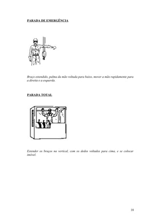 PARADA DE EMERGÊNCIA




Braço estendido, palma da mão voltada para baixo, mover a mão rapidamente para
a direita e a esquerda.



PARADA TOTAL




Estender os braços na vertical, com os dedos voltados para cima, e se colocar
imóvel.




                                                                           18
 
