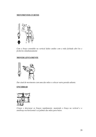 MOVIMENTOS CURTOS




Com o braço estendido na vertical dedos unidos com a mão fechada abri los e
fechá-los simultaneamente


MOVER LENTAMENTE




Dar sinal de movimento com uma das mãos e colocar outra parada adiante.

ENCERRAR




Cruzar e descruzar os braços rapidamente, mantendo o braço na vertical e o
antebraço na horizontal e as palmas das mãos para baixo.




                                                                          20
 