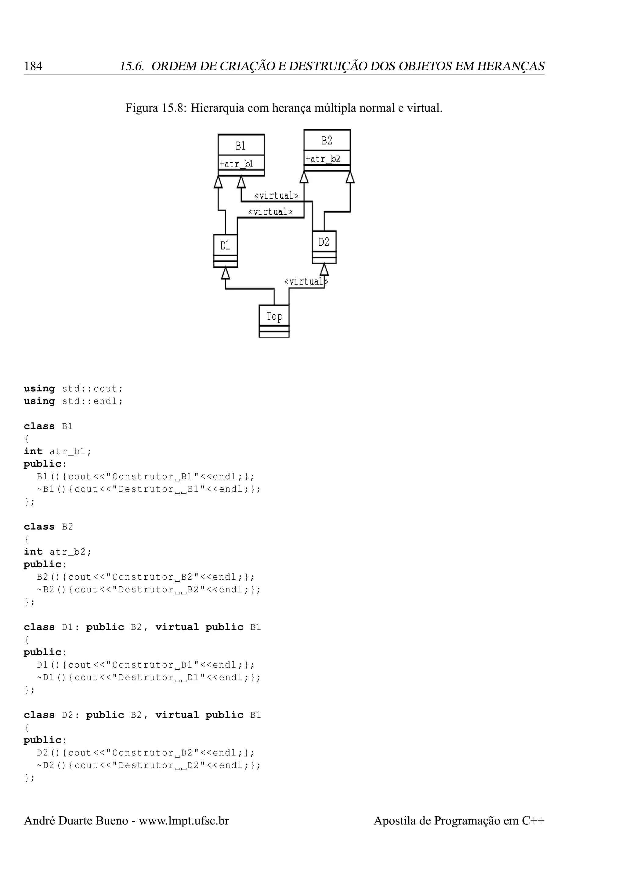 184

15.6. ORDEM DE CRIAÇÃO E DESTRUIÇÃO DOS OBJETOS EM HERANÇAS
Figura 15.8: Hierarquia com herança múltipla normal e virtual.

using std :: cout ;
using std :: endl ;
class B1
{
int atr_b1 ;
public:
B1 () { cout <<" Construtor B1 " << endl ;};
~ B1 () { cout <<" Destrutor B1 " << endl ;};
};
class B2
{
int atr_b2 ;
public:
B2 () { cout <<" Construtor B2 " << endl ;};
~ B2 () { cout <<" Destrutor B2 " << endl ;};
};
class D1 : public B2 , virtual public B1
{
public:
D1 () { cout <<" Construtor D1 " << endl ;};
~ D1 () { cout <<" Destrutor D1 " << endl ;};
};
class D2 : public B2 , virtual public B1
{
public:
D2 () { cout <<" Construtor D2 " << endl ;};
~ D2 () { cout <<" Destrutor D2 " << endl ;};
};

André Duarte Bueno - www.lmpt.ufsc.br

Apostila de Programação em C++

 