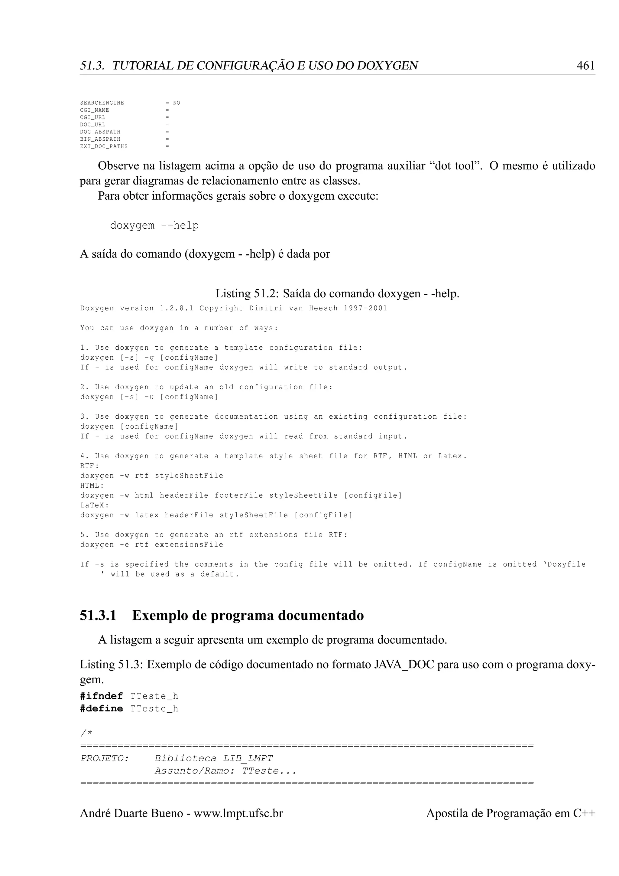 461

51.3. TUTORIAL DE CONFIGURAÇÃO E USO DO DOXYGEN
SEARCHENGINE
CGI_NAME
CGI_URL
DOC_URL
DOC_ABSPATH
BIN_ABSPATH
EXT_DOC_PATHS

= NO
=
=
=
=
=
=

Observe na listagem acima a opção de uso do programa auxiliar “dot tool”. O mesmo é utilizado
para gerar diagramas de relacionamento entre as classes.
Para obter informações gerais sobre o doxygem execute:
doxygem --help
A saída do comando (doxygem - -help) é dada por
Listing 51.2: Saída do comando doxygen - -help.
Doxygen version 1.2.8.1 Copyright Dimitri van Heesch 1997 -2001
You can use doxygen in a number of ways :
1. Use doxygen to generate a template configuration file :
doxygen [ -s] -g [ configName ]
If - is used for configName doxygen will write to standard output .
2. Use doxygen to update an old configuration file :
doxygen [ -s] -u [ configName ]
3. Use doxygen to generate documentation using an existing configuration file :
doxygen [ configName ]
If - is used for configName doxygen will read from standard input .
4. Use doxygen to generate a template style sheet file for RTF , HTML or Latex .
RTF :
doxygen -w rtf styleSheetFile
HTML :
doxygen -w html headerFile footerFile styleSheetFile [ configFile ]
LaTeX :
doxygen -w latex headerFile styleSheetFile [ configFile ]
5. Use doxygen to generate an rtf extensions file RTF :
doxygen -e rtf extensionsFile
If -s is specified the comments in the config file will be omitted . If configName is omitted ‘ Doxyfile
’ will be used as a default .

51.3.1

Exemplo de programa documentado

A listagem a seguir apresenta um exemplo de programa documentado.
Listing 51.3: Exemplo de código documentado no formato JAVA_DOC para uso com o programa doxygem.
#ifndef TTeste_h
#define TTeste_h
/*
=========================================================================
PROJETO:
Biblioteca LIB_LMPT
Assunto/Ramo: TTeste...
=========================================================================

André Duarte Bueno - www.lmpt.ufsc.br

Apostila de Programação em C++

 