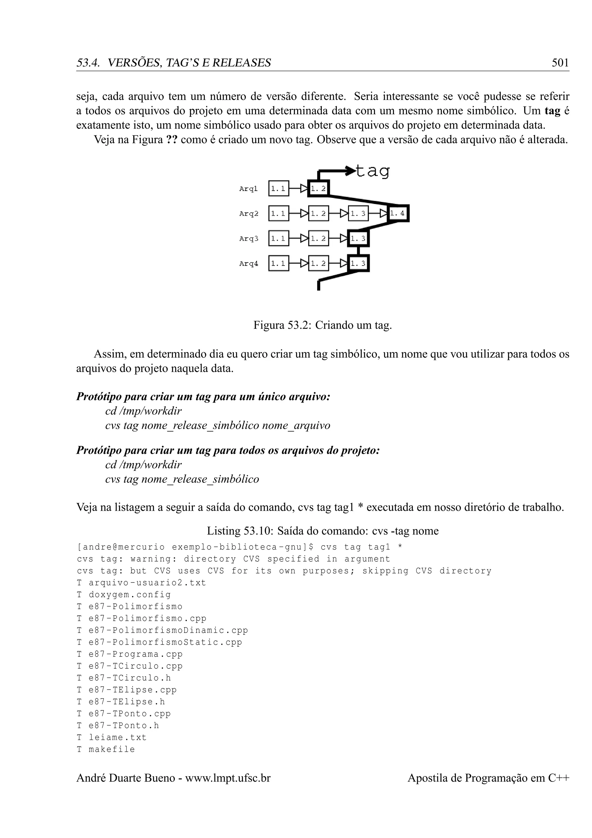 501

53.4. VERSÕES, TAG’S E RELEASES

seja, cada arquivo tem um número de versão diferente. Seria interessante se você pudesse se referir
a todos os arquivos do projeto em uma determinada data com um mesmo nome simbólico. Um tag é
exatamente isto, um nome simbólico usado para obter os arquivos do projeto em determinada data.
Veja na Figura ?? como é criado um novo tag. Observe que a versão de cada arquivo não é alterada.

Figura 53.2: Criando um tag.
Assim, em determinado dia eu quero criar um tag simbólico, um nome que vou utilizar para todos os
arquivos do projeto naquela data.
Protótipo para criar um tag para um único arquivo:
cd /tmp/workdir
cvs tag nome_release_simbólico nome_arquivo
Protótipo para criar um tag para todos os arquivos do projeto:
cd /tmp/workdir
cvs tag nome_release_simbólico
Veja na listagem a seguir a saída do comando, cvs tag tag1 * executada em nosso diretório de trabalho.
Listing 53.10: Saída do comando: cvs -tag nome
[ andre@mercurio exemplo - biblioteca - gnu ]$ cvs tag tag1 *
cvs tag : warning : directory CVS specified in argument
cvs tag : but CVS uses CVS for its own purposes ; skipping CVS directory
T arquivo - usuario2 . txt
T doxygem . config
T e87 - Polimorfismo
T e87 - Polimorfismo . cpp
T e87 - PolimorfismoDinamic . cpp
T e87 - PolimorfismoStatic . cpp
T e87 - Programa . cpp
T e87 - TCirculo . cpp
T e87 - TCirculo .h
T e87 - TElipse . cpp
T e87 - TElipse .h
T e87 - TPonto . cpp
T e87 - TPonto .h
T leiame . txt
T makefile

André Duarte Bueno - www.lmpt.ufsc.br

Apostila de Programação em C++

 