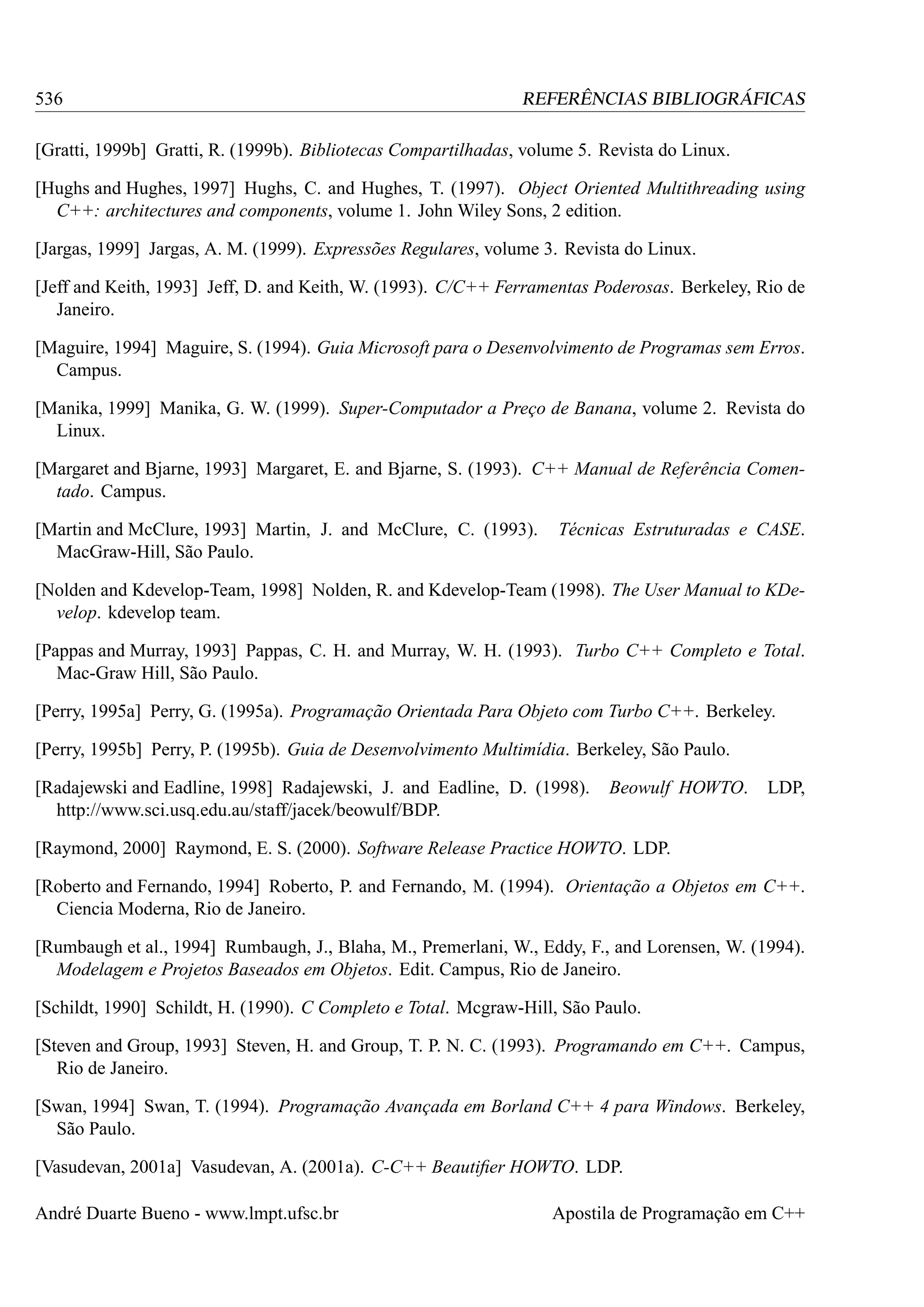 536

REFERÊNCIAS BIBLIOGRÁFICAS

[Gratti, 1999b] Gratti, R. (1999b). Bibliotecas Compartilhadas, volume 5. Revista do Linux.
[Hughs and Hughes, 1997] Hughs, C. and Hughes, T. (1997). Object Oriented Multithreading using
C++: architectures and components, volume 1. John Wiley Sons, 2 edition.
[Jargas, 1999] Jargas, A. M. (1999). Expressões Regulares, volume 3. Revista do Linux.
[Jeff and Keith, 1993] Jeff, D. and Keith, W. (1993). C/C++ Ferramentas Poderosas. Berkeley, Rio de
Janeiro.
[Maguire, 1994] Maguire, S. (1994). Guia Microsoft para o Desenvolvimento de Programas sem Erros.
Campus.
[Manika, 1999] Manika, G. W. (1999). Super-Computador a Preço de Banana, volume 2. Revista do
Linux.
[Margaret and Bjarne, 1993] Margaret, E. and Bjarne, S. (1993). C++ Manual de Referência Comentado. Campus.
[Martin and McClure, 1993] Martin, J. and McClure, C. (1993).
MacGraw-Hill, São Paulo.

Técnicas Estruturadas e CASE.

[Nolden and Kdevelop-Team, 1998] Nolden, R. and Kdevelop-Team (1998). The User Manual to KDevelop. kdevelop team.
[Pappas and Murray, 1993] Pappas, C. H. and Murray, W. H. (1993). Turbo C++ Completo e Total.
Mac-Graw Hill, São Paulo.
[Perry, 1995a] Perry, G. (1995a). Programação Orientada Para Objeto com Turbo C++. Berkeley.
[Perry, 1995b] Perry, P. (1995b). Guia de Desenvolvimento Multimídia. Berkeley, São Paulo.
[Radajewski and Eadline, 1998] Radajewski, J. and Eadline, D. (1998).
http://www.sci.usq.edu.au/staff/jacek/beowulf/BDP.

Beowulf HOWTO.

LDP,

[Raymond, 2000] Raymond, E. S. (2000). Software Release Practice HOWTO. LDP.
[Roberto and Fernando, 1994] Roberto, P. and Fernando, M. (1994). Orientação a Objetos em C++.
Ciencia Moderna, Rio de Janeiro.
[Rumbaugh et al., 1994] Rumbaugh, J., Blaha, M., Premerlani, W., Eddy, F., and Lorensen, W. (1994).
Modelagem e Projetos Baseados em Objetos. Edit. Campus, Rio de Janeiro.
[Schildt, 1990] Schildt, H. (1990). C Completo e Total. Mcgraw-Hill, São Paulo.
[Steven and Group, 1993] Steven, H. and Group, T. P. N. C. (1993). Programando em C++. Campus,
Rio de Janeiro.
[Swan, 1994] Swan, T. (1994). Programação Avançada em Borland C++ 4 para Windows. Berkeley,
São Paulo.
[Vasudevan, 2001a] Vasudevan, A. (2001a). C-C++ Beautiﬁer HOWTO. LDP.
André Duarte Bueno - www.lmpt.ufsc.br

Apostila de Programação em C++

 