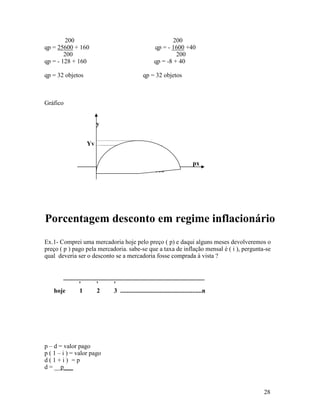 200                                                200
qp = 25600 + 160                                    qp = - 1600 +40
        200                                                  200
qp = - 128 + 160                                    qp = -8 + 40

qp = 32 objetos                                 qp = 32 objetos



Gráfico


                         y


                    Yv


                                                                       px
                                  48      100        160




Porcentagem desconto em regime inflacionário
Ex.1- Comprei uma mercadoria hoje pelo preço ( p) e daqui alguns meses devolveremos o
preço ( p ) pago pela mercadoria. sabe-se que a taxa de inflação mensal é ( i ), pergunta-se
qual deveria ser o desconto se a mercadoria fosse comprada à vista ?


       _____________________________________________
            '     '    '
    hoje    1     2    3 ....................................................n




p – d = valor pago
p ( 1 – i ) = valor pago
d(1+i) =p
d = __p___


                                                                                         28
 
