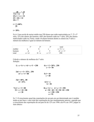 48 = 15
 5 (1 + t)     2
25.( 1 + t ) = 32
25 + 25t = 32
25t = 7

t = 7 .100%
   25

t = 28%

Ex.6- Uma escola de ensino médio tem 250 alunos que estão matriculados na 1ª, 2ª e 3ª
série, 32% dos alunos são homens e 40% dos homens estão na 1ª série, 20% dos alunos
matriculados estão na 3ªsérie, sendo 10 alunos homens dentre os alunos da 2ª série o
número de mulheres é igual ao número de homens.


                          1ª     2ª                 3ª         total
mulher               a          b               c            a+b+c
homem                 d          e              f             d+e+f
total               a+d        b+e            c+f             250


Calcule o número de mulheres da 1ª série
Solução:

   1) a + b + c +d + e +f = 250            4) c + f = 20% . 250
                                              c + f = 50

   2)d + e + f = 32% . 250
      d + e + f = 80                       5) f = 10
                                              c = 40

   3)d = 40% . 80
      d = 32%                               6) b = e
                                               b = 38

7) d + e + f = 80                          8) a + b + c d + e + f = 250
  32 + e + 10 = 80                           a + 38 + 40 + 32 +38 +10 = 250
       e = 38                                     a + 158 = 250
                                                  a = 92

Ex.7- O crescimento anual das exportações de um país em um determinado ano é medido
tendo-se por base o valor total das exportações do ano imediatamente anterior. supondo que
o crescimento das exportações de um país foi de 12% em 1996 e de 8% em 1997; julgue os
itens abaixo:




                                                                                        37
 