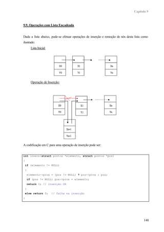 Capítulo 9
148
9.9. Operações com Lista Encadeada
Dada a lista abaixo, pode-se efetuar operações de inserção e remoção de nós desta lista como
ilustrado:
Lista Inicial:
Operação de Inserção:
A codificação em C para uma operação de inserção pode ser:
int insere(struct pontos *elemento, struct pontos *pos)
{
if (elemento != NULL)
{
elemento->prox = (pos != NULL) ? pos->prox : pos;
if (pos != NULL) pos->prox = elemento;
return 1; // inserção OK
}
else return 0; // falha na inserção
}
 
