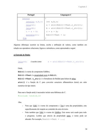 Capítulo 2
34
Portugol Linguagem C
inicio
inteiro a,b,c;
leia(a);
leia(b);
c = a + b:
escreva(c);
fim
{
int a,b,c;
a = atoi(Edit1->Text.c_str());
b = atoi(Edit2->Text.c_str());
c = a + b;
Edit3->Text = c;
}
Algumas diferenças ocorrem na leitura, escrita e atribuição de valores, como também em
relação aos operadores relacionais, lógicos e aritméticos, como apresentado a seguir:
a) Entrada de Dados
leia(n); é escrito como n = atoi(Edit1->Text.c_str());
Onde,
Edit1 é o nome do componente EditBox;
Edit1->Text é a propriedade texto de Edit1;
Edit1->Text.c_str() é o formalismo do Builder para leitura de string;
atoi() é a função do C para converter caracteres alfanuméricos (texto) em valor
numérico do tipo inteiro.
Para usar a função atoi() é necessário incluir uma biblioteca do C:
#include <stdlib.h>
Obs:
- Note que Edit1 é o nome do componente e Text é uma das propriedades; esta
especificamente diz respeito ao conteúdo da caixa de texto.
- Note também que Edit1 é o nome do EditBox. Este nome será usado para todo
o programa. Lembre que através da propriedade name, o nome pode ser
alterado. Por exemplo, Texto1->Text = ...;
 