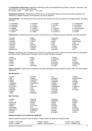 02) Substantivos Heterônimos: Substantivos heterônimos são os que apresentam duas formas, uma para o masculino, outra
para o feminino, com dois radicais diferentes.
Ex. homem - mulher.       bode - cabra.      boi - vaca.

Substantivos Uniformes - Substantivos uniformes são os que apresentam apenas um forma, para ambos os gêneros. Os
substantivos uniformes recebem nomes especiais, que são os seguintes:

Comum-de-dois - Os comuns-de-dois são os que têm uma só forma para ambos os gêneros, com artigos distintos: Eis alguns
exemplos:

o / a estudante                 o / a patriota                      o / a camelô                  o / a protagonista
o / a imigrante                 o / a mártir                        o / a chofer                  o / a puxa-saco
o / a acrobata                  o / a viajante                      o / a fã                      o / a sem-terra
o / a agente                    o / a artista                       o / a gerente                 o / a sem-vergonha
o / a intérprete                o / a aspirante                     o / a médium                  o / a xereta
o / a lojista                   o / a atleta                        o / a porta-voz               o / a xerife

Sobrecomum - Os sobrecomuns são os que têm uma só forma e um só artigo para ambos os gêneros: Eis alguns exemplos:

o cônjuge                       o algoz                             o dedo-duro                   o pé-frio
a criança                       o verdugo                           o defunto                     o pé-quente
o carrasco                      a vítima                            o gênio                       a personagem
o indivíduo                     o tipo                              o ídolo                       o pivô
o apóstolo                      o animal                            o líder                       a sentinela
o monstro                       o bóia-fria                         o membro                      o sósia
a pessoa                        o cadáver                           o nó-cego                     o sujeito
a testemunha                    a criatura                          o pão-duro                    o tira

Epiceno - Os epicenos são os que têm uma só forma e um só artigo para ambos os gêneros de certos animais, acrescentando
as palavras macho e fêmea, para se distinguir o sexo do animal. Eis alguns exemplos:

a girafa                        a onça                              o canguru                     a girafa
a andorinha                     o sabiá                             o caranguejo                  a mosca
a águia                         o tatu                              a coruja                      a onça
a barata                        a anta                              o crocodilo                   a pantera
a cobra                         a arara                             o escorpião                   o pernilongo
o jacaré                        a borboleta                         a formiga                     o piolho

Gênero vacilante - Existem alguns substantivos que trazem dificuldades, quanto ao gênero. Estude, então, com muita atenção
estas listas:

São Masculinos

o açúcar                        o bóia-fria                         o dó                          o herpes
o afã                           o caudal                            o diadema                     o lança-perfume
o ágape                         o cataclismo                        o decalque                    o haras
o alvará                        o cônjuge                           o epigrama                    o lotação
o amálgama                      o champanha                         o eclipse                     o magma
o anátema                       o clã                               o estigma                     o matiz
o aneurisma                     o cola-tudo                         o estratagema                 o magazine
o antílope                      o cós                               o eczema                      o milhar
o apêndice                      o coma                              o formicida                   o nó-cego
o apetite                       o derma                             o guaraná
o algoz                         o diagrama                          o gengibre

São Femininos

a abusão                        a bacanal                           a dinamite                    a fênix
a acne                          a benesse                           a debênture                   a gênese
a agravante                     a bólide                            a elipse                      a grafite
a aguarrás                      a couve                             a ênfase                      a ioga
a alface                        a couve-flor                        a echarpe                     a libido
a apendicite                    a cal                               a entorse                     a matinê
a aguardente                    a cataplasma                        a enzima                      a marmitex
a alcunha                       a comichão                          a faringe                     a mascote
a aluvião                       a derme                             a ferrugem                    a mídia

Mudança de gênero com mudança de significado

Alguns substantivos, quando mudam de gênero, mudam também de significado. Eis alguns deles:

o caixa = o funcionário                       o capital = dinheiro                     o coma = sono mórbido
a caixa = o objeto                            a capital = sede de governo              a coma = cabeleira, juba
Apostila de Português para Concursos                                                                                    23
 
