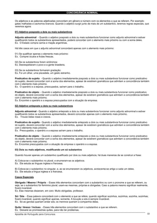 CONCORDÂNCIA NOMINAL


Os adjetivos e as palavras adjetivadas concordam em gênero e número com os elementos a que se referem. Por exemplo:
gatas malhadas e cachorros brancos. Quando o adjetivo surgir junto de mais de um substantivo, teremos regras especiais, que
veremos agora:

01) Adjetivo posposto a dois ou mais substantivos

Adjunto adnominal - Quando o adjetivo posposto a dois ou mais substantivos funcionar como adjunto adnominal e estiver
qualificando todos os substantivos apresentados, poderá concordar com o elemento mais próximo ou com a soma deles.
Ex. O Estado compra carros e maçãs argentinas.

Há três casos em que o adjunto adnominal concordará apenas com o elemento mais próximo:

01) Se qualificar apenas o elemento mais próximo:
Ex. Comprei óculos e frutas frescas.

02) Se os substantivos forem sinônimos:
Ex. Desrespeitaram o povo e a gente brasileira.

03) Se os substantivos formarem gradação:
Ex. Foi um olhar, uma piscadela, um gesto estranho.

Predicativo do sujeito - Quando o adjetivo imediatamente posposto a dois ou mais substantivos funcionar como predicativo
do sujeito, deverá concordar com a soma dos elementos, apesar de existirem gramáticos que admitam a concordância também
com o elemento mais próximo.
Ex. O operário e a esposa, preocupados, saíram para o trabalho.

Predicativo do objeto - Quando o adjetivo imediatamente posposto a dois ou mais substantivos funcionar como predicativo
do objeto, deverá concordar com a soma dos elementos, apesar de existirem gramáticos que admitam a concordância também
com o elemento mais próximo.
Ex. Encontrei o operário e a esposa preocupados com a situação da empresa.

02) Adjetivo anteposto a dois ou mais substantivos

Adjunto adnominal - Quando o adjetivo anteposto a dois ou mais substantivos funcionar como adjunto adnominal e estiver
qualificando todos os substantivos apresentados, deverá concordar apenas com o elemento mais próximo.
Ex. Trouxe belas rosas e cravos.

Predicativo do sujeito - Quando o adjetivo imediatamente anteposto a dois ou mais substantivos funcionar como predicativo
do sujeito, deverá concordar com a soma dos elementos, apesar de existirem gramáticos que admitam a concordância também
com o elemento mais próximo.
Ex. Preocupados, o operário e a esposa saíram para o trabalho.

Predicativo do objeto - Quando o adjetivo imediatamente anteposto a dois ou mais substantivos funcionar como predicativo
do objeto, deverá concordar com a soma dos elementos, apesar de existirem gramáticos que admitam a concordância também
com o elemento mais próximo.
Ex. Encontrei preocupados com a situação da empresa o operário e a esposa.

03) Dois ou mais adjetivos, modificando um só substantivo

Quando houver apenas um substantivo qualificado por dois ou mais adjetivos, há duas maneiras de se construir a frase:

A) Coloca-se o substantivo no plural, e enumeram-se os adjetivos.
Ex. Ele estuda as línguas inglesa e francesa.

B) Coloca-se o substantivo no singular, e, ao se enumerarem os adjetivos, acrescenta-se artigo a cada um deles.
Ex. Ele estuda a língua inglesa e a francesa.

Casos Especiais

Obrigado / Mesmo / Próprio - Esses três elementos concordam com o substantivo ou com o pronome a que se referem, ou
seja, se o substantivo for feminino plural, usam-se mesmas, próprias e obrigadas. Caso a palavra mesmo significar realmente,
ficará invariável.
Ex. Elas mesmas disseram, em coro: Muito obrigadas, professor.

Só / Sós - Essa palavra concordará com o elemento a que se refere, quando significar sozinhos, sozinhos, sozinha, sozinhas;
ficará invariável, quando significar apenas, somente. A locução a sós é sempre invariável.
Ex. Só as garotas queriam andar sós; os meninos queriam a companhia delas.

Quite / Anexo / Incluso - Esses três elementos concordam com o substantivo a que se referem.
Ex. Deixarei as promissórias quites, para não ter problemas.
Apostila de Português para Concursos                                                                                       33
 