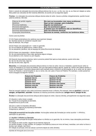 COLOCAÇÃO PRONOMINAL

Este é o estudo da colocação dos pronomes oblíquos átonos (me, te, se, o, a, lhe, nos, vos, os, as, lhes) em relação ao verbo.
Eles podem ser colocados de três maneiras diferentes, de acordo com as seguintes regras:

Próclise - é a colocação dos pronomes oblíquos átonos antes do verbo. Usa-se a próclise, obrigatoriamente, quando houver
palavras atrativas. São elas:

     Palavras de sentido negativo.                     Ela nem se incomodou com meus problemas.
     Advérbios.                                        Aqui se tem sossego, para trabalhar.
     Pronomes Indefinidos.                             Alguém me telefonou?
     Pronomes Interrogativos.                          Que me acontecerá agora?
     Pronomes Relativos                                A pessoa que me telefonou não se identificou.
     Pronomes Demonstrativos Neutros.                  Isso me comoveu deveras.
     Conjunções Subordinativas.                        Escrevia os nomes, conforme me lembrava deles.

Outros usos da próclise:

01) Em frases exclamativas e/ou optativas (que exprimem desejo):
Ex. Quantas injúrias se cometeram naquele caso!
Deus te abençoe, meu amigo!

02) Em frases com preposição em + verbo no gerúndio:
Ex. Em se tratando de gastronomia, a Itália é ótima.
Em se estudando Literatura, não se esqueça de Carlos Drummond de Andrade.

03) Em frases com preposição + infinitivo flexionado:
Ex. Ao nos posicionarmos a favor dela, ganhamos alguns inimigos.
Ao se referirem a mim, fizeram-no com respeito.

04) Havendo duas palavras atrativas, tanto o pronome poderá ficar após as duas palavras, quanto entre elas.
Ex. Se me não ama mais, diga-me.
Se não me ama mais, diga-me.

Mesóclise - é a colocação dos pronomes oblíquos átonos no meio do verbo. Usa-se a mesóclise, quando houver verbo no
Futuro do Presente ou no Futuro do Pretérito, sem que haja palavra atrativa alguma, apesar de, mesmo sem palavra atrativa, a
próclise ser aceitável. O pronome oblíquo átono será colocado entre o infinitivo e as terminações ei, ás, á, emos, eis, ão, para o
Futuro do Presente, e as terminações ia, ias, ia, íamos, íeis, iam, para o Futuro do Pretérito. Por exemplo, o verbo queixar-se
ficará conjugado da seguinte maneira:

                           Futuro do Presente                   Futuro do Pretérito
                           queixar-me-ei                        queixar-me-ia
                           queixar-te-ás                        queixar-te-ias
                           queixar-se-á                         queixar-se-ia
                           queixar-nos-emos                     queixar-nos-íamos
                           queixar-vos-eis                      queixar-vos-íeis
                           queixar-se-ão                        queixar-se-iam

Para se conjugar qualquer outro verbo pronominal, basta-lhe trocar o infinitivo. Por exemplo, retira-se queixar e coloca-se
zangar, arrepender, suicidar, mantendo os mesmos pronomes e desinências: zangar-me-ei, zangar-te-ás...

Ênclise é a colocação dos pronomes oblíquos átonos depois do verbo. Usa-se a ênclise, principalmente nos seguintes casos:

01) Quando o verbo iniciar a oração.
Ex. Trouxe-me as propostas já assinadas.
Arrependi-me do que fiz a ela.

02) Com o verbo no imperativo afirmativo.
Ex. Por favor, traga-me as propostas já assinadas.
Arrependa-se, pecador!!

Colocação pronominal nas locuções verbais - As locuções verbais são formadas por verbo auxiliar + infinitivo,
particípio ou gerúndio.

01) Auxiliar + Infinitivo ou Gerúndio:
Quando o verbo principal da locução verbal estiver no infinitivo ou no gerúndio, há, no mínimo, duas colocações pronominais
possíveis:
Em relação ao verbo auxiliar, seguem-se as mesmas regras de
em tempos simples, ou seja, próclise, em qualquer circunstância (menos em início de frase), mesóclise, com verbo no futuro e
ênclise, sem atração, nem futuro.
Em relação ao principal, deve-se colocar o pronome depois do verbo (ênclise).

Apostila de Português para Concursos                                                                                            39
 