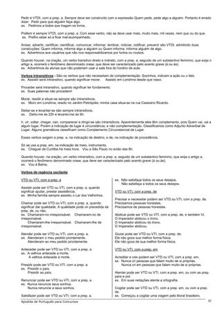 Pedir é VTDI, com a prep. a. Sempre deve ser construído com a expressão Quem pede, pede algo a alguém. Portanto é errado
dizer: Pedir para que alguém faça algo.
ex. Pedimos a todos que tragam os livros.

Preferir é sempre VTDI, com a prep. a. Com esse verbo, não se deve usar mais, muito mais, mil vezes, nem que ou do que.
ex. Prefiro estar só a ficar mal-acompanhado.

Avisar, advertir, certificar, cientificar, comunicar, informar, lembrar, noticiar, notificar, prevenir são VTDI, admitindo duas
construções: Quem informa, informa algo a alguém ou Quem informa, informa alguém de algo.
ex. Advertimos aos usuários que não nos responsabilizamos por furtos ou roubos.

Quando houver, na oração, um verbo transitivo direto e indireto, com a prep. a, seguido de um substantivo feminino, que exija o
artigo a, ocorrerá o fenômeno denominado crase, que deve ser caracterizado pelo acento grave (à ou às).
ex. Advertimos às alunas que não poderiam usar a sala fora do horário de aula.

Verbos Intransitivos - São os verbos que não necessitam de complementação. Sozinhos, indicam a ação ou o fato.
ex. Assistir será intransitivo, quando significar morar. Assisto em Londrina desde que nasci.

Proceder será intransitivo, quando significar ter fundamento.
ex. Suas palavras não procedem!

Morar, residir e situar-se sempre são intransitivos.
ex. Moro em Londrina; resido no Jardim Petrópolis; minha casa situa-se na rua Cassiano Ricardo.

Deitar-se e levantar-se são sempre intransitivos.
ex. Deito-me às 22h e levanto-me às 6h.

Ir, vir, voltar, chegar, cair, comparecer e dirigir-se são intransitivos. Aparentemente eles têm complemento, pois Quem vai, vai a
algum lugar. Porém a indicação de lugar é circunstância, e não complementação. Classificamos como Adjunto Adverbial de
Lugar. Alguns gramáticos classificam como Complemento Circunstancial de Lugar.

Esses verbos exigem a prep. a, na indicação de destino, e de, na indicação de procedência.

Só se usa a prep. em, na indicação de meio, instrumento.
ex. Cheguei de Curitiba há meia hora. Vou a São Paulo no avião das 8h.

Quando houver, na oração, um verbo intransitivo, com a prep. a, seguido de um substantivo feminino, que exija o artigo a,
ocorrerá o fenômeno denominado crase, que deve ser caracterizado pelo acento grave (à ou às).
ex. Vou à Bahia.

Verbos de regência oscilante

VTD ou VTI, com a prep. a                                          ex. Não satisfaça todos os seus desejos.
                                                                       Não satisfaça a todos os seus desejos.
Assistir pode ser VTD ou VTI, com a prep. a, quando
significar ajudar, prestar assistência.                            VTD ou VTI, com a prep. de
ex. Minha família sempre assistiu o Lar dos Velhinhos.
                                                                   Precisar e necessitar podem ser VTD ou VTI, com a prep. de.
Chamar pode ser VTD ou VTI, com a prep. a, quando                  Precisamos pessoas honestas.
significar dar qualidade. A qualidade pode vir precedida da        Precisamos de pessoas honestas.
prep. de, ou não.
ex. Chamaram-no irresponsável. Chamaram-no de                      Abdicar pode ser VTD ou VTI, com a prep. de, e também VI.
irresponsável.                                                     O Imperador abdicou o trono.
     Chamaram-lhe irresponsável. Chamaram-lhe de                   O Imperador abdicou do trono.
irresponsável.                                                     O Imperador abdicou.

Atender pode ser VTD ou VTI, com a prep. a.                        Gozar pode ser VTD ou VTI, com a prep. de.
ex. Atenderam o meu pedido prontamente.                            Ele não goza sua melhor forma física.
    Atenderam ao meu pedido prontamente.                           Ele não goza de sua melhor forma física.

Anteceder pode ser VTD ou VTI, com a prep. a.                      VTD ou VTI, com a prep. em
ex. A velhice antecede a morte.
     A velhice antecede à morte.                                   Acreditar e crer podem ser VTD ou VTI, com a prep. em.
                                                                   ex. Nunca cri pessoas que falam muito de si próprias.
Presidir pode ser VTD ou VTI, com a prep. a.                           Nunca cri em pessoas que falam muito de si próprias.
ex. Presidir o país.
    Presidir ao país.                                              Atentar pode ser VTD ou VTI, com a prep. em, ou com as prep.
                                                                   para e por.
Renunciar pode ser VTD ou VTI, com a prep. a.                      ex. Em suas redações atente a ortografia.
ex. Nunca renuncie seus sonhos.
    Nunca renuncie a seus sonhos.                                  Cogitar pode ser VTD ou VTI, com a prep. em, ou com a prep.
                                                                   de.
Satisfazer pode ser VTD ou VTI, com a prep. a.                     ex. Começou a cogitar uma viagem pelo litoral brasileiro.
Apostila de Português para Concursos                                                                                              57
 