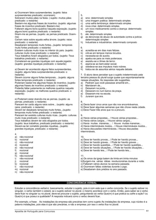 a) Ocorreram fatos surpreendentes. (sujeito: fatos
surpreendentes predicado: ocorreram)                             5.
Sobraram muitos pães na festa. ( sujeito: muitos pães            a)   sino: determinado simples
predicado: o restante)                                           b)   uma imagem poética: determinado simples
Bastam-me algumas frases de incentivo. (sujeito: algumas         c)   uma velha lembrança: determinado simples
frases de incentivo predicado: Bastam-me)                        d)   nova crise: determinado simples
Faltaram alguns bons quadros naquela exposição. (sujeito:        e)   um novo medicamento contra a doença: determinado
alguns bons quadros predicado: o restante)                            simples
Doem-me as pernas. (sujeito: as pernas predicado: Doem-          f)   ele: determinado simples
me)                                                              g)   as denúncias de abuso de autoridade contra a polícia:
Caíram raios sobre aquela velha árvore. (sujeito: raios               determinação simples
predicado: o restante)                                           h)   Industriais e industriários: determinado composto
Desabaram temporais muito fortes...(sujeito: temporais
muito fortes predicado: o restante)                              6.
Existem culturas muito ricas no interior do país. (sujeito:      a)   acredita-se em dias mais felizes.
culturas muito ricas predicado: o restante)                      b)   crê-se em tempos menos bicudos.
Teus trabalhos foram elogiados por todos. (sujeito: Teus         c)   necessita-se de ausíiio.
trabalhos predicado: o restante)                                 d)   apelou-se para os mais poderosos.
Cometeram-se grandes injustiças com aquele jogador.              e)   assistiu-se a íilmes de terror.
(sujeito: grandes injustiças predicado: o restante)              f)   aspira-se ao bem-estar social.
                                                                 g)   obedece-se aos impulsos mais nobres.
a) Devem ter acontecido alguns fatos surpreendentes.             h)   tratou-se de assuntos sérios naquele debate.
(sujeito: alguns fatos surpreendentes predicado: o
restante)                                                        7. O aluno deve perceber que o sujeito indeterminado pela
Devem ocorrer alguns fortes temporais... (sujeito: alguns        terceira pessoa do plural surge quase que espontaneamente
fortes temporais predicado: o restante)                          nessas situações. As respostas são sugestões.
Poderiam bastar-me algumas frases de incentivo. (sujeito:        a) Pediram que você passasse amanhã em...
algumas frases de incentivo predicado: o restante)               b) Mandaram de...
Poderão faltar justamente os melhores quadros naquela            c) Deixaram na porta...
exposição. (sujeito: os melhores quadros predicado: o            d) Deixaram-no num banco da praça.
restante)                                                        e) Disseram-me na escola.
                                                                 f) Juraram que era.
e) Poderiam estar doendo-me as pernas. (sujeito: as
pernas; predicado: o restante)                                   8.
Parecem ter caído alguns raios sobre... (sujeito: alguns         a) Devia fazer cinco anos que não nos encontrávamos.
raios; predicado: o restante)                                    b) Deve fazer algumas semanas que não chove nesta cidade.
Devem ter desabado temporais muito fortes...(sujeito:            c) Deve Fazer três anos que no a procuro.
temporais muito fortes predicado: o restante)
Parecem ter existido culturas muito ricas...(sujeito: culturas   9.
muito ricas predicado: o restante)                               a) Havia várias propostas... / Houve várias propostas...
Teus trabalhos devem ter sido elogiados por todos.               b) Havia vários cargos... / Houve vários cargos...
(sujeito: teus trabalhos; predicado predicado: o restante)       c) Havia muitas maneiras... / Houve muitas maneiras...
Devem-se ter cometido grandes injustiias...(sujeito:             d) Havia intermináveis modos... / Houve intermináveis modos...
grandes injustiças; predicado: o restante)                       e) Havia discussões intermináveis. / Houve discussões
                                                                 intermináveis.
4.
a)   não-nocional                                                10.
b)   nocional                                                    a) Deve ter havido provas... / Pode ter havido provas...
c)   não-nocional                                                b) Deve ter havido graves... / Pode ter havido graves ...
d)   nocional                                                    c) Deve ter havido questões... / Pode ter havido questões...
e)   não-nocional                                                d) Deve ter havido situações... / Pode ter havido situações...
f)   nocional                                                    e) Deve ter havido leis... / Pode ter havido leis...
g)   nocional
h)   não-nocional                                                11.
i)   não-nocional                                                a) Os sinos da igreja batem de trinta em trinta minutos
j)   nocional                                                    b)Surgem-me várias idéias revolucionárias durante a noite.
k)   nocional                                                    c) Faltaram vários alunos na semana passada.
l)   não-nocional                                                d) Ocorreram faltas violentas durante o jogo.
m)   nocional                                                    e) Desabaram dois prédios no ano passado.
n)   não-nocional



                                                    CONCORDÂNCIA VERBAL

Estudar a concordância verbal é, basicamente, estudar o sujeito, pois é com este que o verbo concorda. Se o sujeito estiver no
singular, o verbo também o estará; se o sujeito estiver no plural, o mesmo acontece com o verbo. Então, para saber se o verbo
deve ficar no singular ou no plural, deve-se procurar o sujeito, perguntando ao verbo Que(m) é que pratica ou sofre a ação? ou
Que(m) é que possui a qualidade? A resposta indicará como o verbo deverá ficar.

Por exemplo, a frase: As instalações da empresa são precárias tem como sujeito As instalações da empresa, cujo núcleo é a
palavra instalações, pois elas é que são precárias, e não a empresa; por isso o verbo fica no plural.

Apostila de Português para Concursos                                                                                              61
 