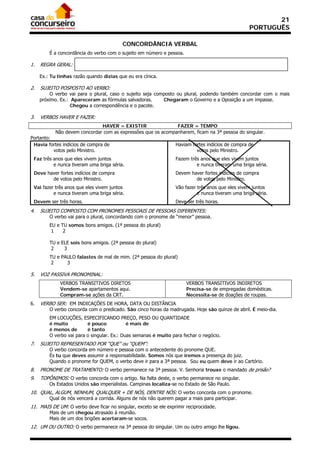 21
                                                                                                   PORTUGUÊS

                                          CONCORDÂNCIA VERBAL
         É a concordância do verbo com o sujeito em número e pessoa.

1.   REGRA GERAL:

     Ex.: Tu tinhas razão quando dizias que eu era cínica.

2.   SUJEITO POSPOSTO AO VERBO:
         O verbo vai para o plural, caso o sujeito seja composto ou plural, podendo também concordar com o mais
     próximo. Ex.: Apareceram as fórmulas salvadoras.      Chegaram o Governo e a Oposição a um impasse.
                   Chegou a correspondência e o pacote.

3.   VERBOS HAVER E FAZER:
                               HAVER = EXISTIR                 FAZER = TEMPO
            Não devem concordar com as expressões que os acompanharem, ficam na 3ª pessoa do singular.
Portanto:
 Havia fortes indícios de compra de                               Haviam fortes indícios de compra de
          votos pelo Ministro.                                             votos pelo Ministro.
 Faz três anos que eles vivem juntos                              Fazem três anos que eles vivem juntos
          e nunca tiveram uma briga séria.                                 e nunca tiveram uma briga séria.
 Deve haver fortes indícios de compra                             Devem haver fortes indícios de compra
        de votos pelo Ministro.                                           de votos pelo Ministro.
 Vai fazer três anos que eles vivem juntos                        Vão fazer três anos que eles vivem juntos
          e nunca tiveram uma briga séria.                                  e nunca tiveram uma briga séria.
 Devem ser três horas.                                            Deve ser três horas.
4.   SUJEITO COMPOSTO COM PRONOMES PESSOAIS DE PESSOAS DIFERENTES:
         O verbo vai para o plural, concordando com o pronome de “menor” pessoa.
         EU e TU somos bons amigos. (1ª pessoa do plural)
          1    2

         TU e ELE sois bons amigos. (2ª pessoa do plural)
          2    3
         TU e PAULO falastes de mal de mim. (2ª pessoa do plural)
          2     3

5.   VOZ PASSIVA PRONOMINAL:
              VERBOS TRANSITIVOS DIRETOS                               VERBOS TRANSITIVOS INDIRETOS
              Vendem-se apartamentos aqui.                             Precisa-se de empregadas domésticas.
              Compram-se ações da CRT.                                 Necessita-se de doações de roupas.
6.   VERBO SER: EM INDICAÇÕES DE HORA, DATA OU DISTÂNCIA
         O verbo concorda com o predicado. São cinco horas da madrugada. Hoje são quinze de abril. É meio-dia.
         EM LOCUÇÕES, ESPECIFICANDO PREÇO, PESO OU QUANTIDADE
         é muito          é pouco            é mais de
         é menos de       é tanto
         O verbo vai para o singular. Ex.: Duas semanas é muito para fechar o negócio.
7.   SUJEITO REPRESENTADO POR “QUE” ou “QUEM”:
         O verbo concorda em número e pessoa com o antecedente do pronome QUE.
         És tu que deves assumir a responsabilidade. Somos nós que iremos a presença do juiz.
         Quando o pronome for QUEM, o verbo deve ir para a 3ª pessoa. Sou eu quem deve ir ao Cartório.
8.   PRONOME DE TRATAMENTO: O verbo permanece na 3ª pessoa. V. Senhoria trouxe o mandado de prisão?
9.   TOPÔNIMOS: O verbo concorda com o artigo. Na falta deste, o verbo permanece no singular.
         Os Estados Unidos são imperialistas. Campinas localiza-se no Estado de São Paulo.
10. QUAL, ALGUM, NENHUM, QUALQUER + DE NÓS, DENTRE NÓS: O verbo concorda com o pronome.
         Qual de nós vencerá a corrida. Alguns de nós não querem pagar a mais para participar.
11. MAIS DE UM: O verbo deve ficar no singular, exceto se ele exprimir reciprocidade.
         Mais de um chegou atrasado à reunião.
         Mais de um dos brigões acertaram-se socos.
12. UM OU OUTRO: O verbo permanece na 3ª pessoa do singular. Um ou outro amigo lhe ligou.
 