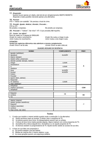 48
PORTUGUÊS

17. Responder
     Quando houver apenas um objeto, este terá de ser obrigatoriamente OBJETO INDIRETO:
     Responda a todas questões marcando apenas uma alternativa.
18. Precisar
VTD = “indicar com exatidão” Ele precisou o local do crime.
19. Presidir, Ajudar, Abdicar, Atender, Preceder...
VTD ou VTI
Ele presidiu o congresso.                           Ele presidiu ao congresso.
20. Proceder = “realizar”, “dar início”: VTI O juiz procedeu AO inquérito.
21. Custar “ser difícil”
Deve ser usado na 3ª pessoa do SINGULAR:
Errado: Eu custei a reconhecê-lo.                   Errado: Ela custou a chegar à aula.
Certo: Custou-me reconhecê-lo.                      Certo: Custou a ela chegar à aula.
ATENÇÃO!
Verbos de regências diferentes não admitem o mesmo complemento:
Errado: Entrei e saí da sala.                Correto: Entrei na sala e dela saí.
                                         QUADRO-RESUMO DE REGÊNCIA
                              VERBO                                     COMPLEMENTO                      PREP.
 Agradar (satisfazer)
 Agradecer                                                                   ALGUÉM
 Aspirar (desejar)
 Assistir (olhar, presenciar)
 Atender (prestar atenção, realizar)
 Chegar                                                                      LUGAR
 Desobedecer
 Ir                                                                          LUGAR                        A
 Obedecer
 Parar                                                                       ALGUÉM
 Perdoar                                                                     ALGUÉM
 Preferir
 Proceder
 Querer (bem, estimar)
 Responder
 Vir (destino)                                                               LUGAR
 Visar (objetivar)
 Antipatizar
 Implicar (provocar)                                                                                     COM
 Simpatizar

 Esquecer
                                                                                 -SE
 Lembrar                                                                                                  DE
 Ter

 Aspirar (respirar)
 Assistir (prestar assistência)
 Esquecer                                                                                                 
 Implicar (acarretar)
 Lembrar
 Visar (mirar, dar visto)

                                                       Testes
1.   O verbo que mantém o mesmo sentido quando muda a construção é o da alternativa:
     a) Muitos escritores visam ao sucesso. O diretor visou o programa de TV.
     b) Os leitores querem bons livros. Os telespectadores querem bem os artistas.
     c) A leitura de bons livros implica grandes alegrias. Alguns implicam com certos programas de TV.
     d) Aconselhou-lhe a leitura daquele livro. Aconselhou-o a ver aquele programa de TV.
     e) Os técnicos assistem os programadores de TV. Aquele escritor assiste ao sucesso de sua obra.

2.   A frase em que falta uma preposição é:
     a) Os homens desejam uma paz estável.
     b) Milhões de criaturas têm o mesmo objetivo: a paz.
     c) As novas gerações querem uma segurança solidária.
 