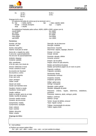 69
                                                                                                      PORTUGUÊS

        Ex:         cai X a                                  fei X e
                    pei X e                                  ei X o
                    fai X a

Emprego do G e do J
   Em palavras derivadas de outras que já se escrevam com J.
   Ex: loja      lojista, lojinha                 laje    lajes, Lajeado, lajota
       laranja  laranjal, laranjeira                     sujo      sujeira
       sarja     sarjeta

    Os substantivos finalizados pelos sufixos: AGEM, UGEM e IGEM, sempre com G.
    camufl AGEM                                             ferr UGEM
    gar AGEM                                                pen UGEM
    dubl AGEM                                               lan UGEM
    mens AGEM                                               mol UGEM
    vadi AGEM                                               mur UGEM
Parônimos
Acender: pôr fogo                                         Descrição: ato de descrever
Ascender: subir                                           Discrição: modéstia
Acento: sinal gráfico                                     Descriminar: inocentar
Assento: local para se sentar                             Discriminar: separar, segregar, discernir
Acerca de: a respeito de, sobre                           Emergir: vir à tona
A cerca de: a aproximadamente                             Imergir: afundar
Há cerca de: faz aproximadamente
                                                          Eminente: elevado, célebre
Acidente: desgraça                                        Iminente: próximo
Incidente: episódio
                                                          Emigrar: sair da pátria
Afim: semelhante                                          Imigrar: entrar em país estranho
A fim de: para, com intuito de
                                                          Estada: permanência de pessoa
Amoral: indiferente à moral                               Estadia: permanência pagam de um navio no porto
Imoral: contrário à moral
                                                          Flagrante: evidência
Ao encontro de: favorável                                 Fragrante: aromático
De encontro a: contra
                                                          Florescente: florido
À-toa: sem vergonha                                       Fluorescente: luminoso
À toa: sem rumo
                                                          Incipiente: iniciante
Caçar: perseguir                                          Insipiente: ignorante
Cassar: anular
                                                          Infligir: aplicar pena
Casual: por acaso                                         Infringir: transgredir
Causal: que expressa causa
                                                          Mandado: ordem judicial
Cavaleiro: homem a cavalo                                 Mandato: delegação de poder
Cavalheiro: homem gentil
                                                          Prescrever: ordenar, regular, determinar,           estabelecer,
Cessão: cedência                                          preceituar
Seção ou secção: parte de um todo                         Proscrever: desterrar, abolir, extinguir, proibir
Sessão: reunião de pessoas
                                                          Ratificar: confirmar
Concerto: sessão musical                                  Retificar: corrigir
Conserto: ato de arrumar
                                                          Tachar: Acusar de defeito, censurar
Comprimento: medida                                       Taxar: regular o preço
Cumprimento: saudação
                                                          Tráfego: movimentação de veículos
Coser: costurar                                           Tráfico: negócio ilícito
Cozer: cozinhar
Delatar: denunciar
Dilatar: ampliar

Emprego do Hífen
I–



II – Com prefixos
a) Prefixos que sempre pedem hífen:
     Pré – pós – pró – além – recém – vice – sem – ex (com sentido de antigo).
 