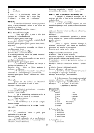 5.       cão                                                         Exemplos: animalzinho - animai (-s) + zinhos =
6.       cavalheiro                                                  animaizinhos; cão - cães (-s) + zinhos = cãezinhos.
3–
1. artista ( b ) 4. jornalista ( b ) 7. mártir ( h )                 PLURAL DOS SUBSTANTIVOS COMPOSTOS
2.pessoa (a )     5.pianista ( h ) 8.jovem ( h )                             1. Quando o substantivo composto não é
3. colega ( b ) 6. cliente ( b ) 9. cônjuge ( a )                    separado por hífen, o plural se faz normalmente pelo
                                                                     acréscimo do s.
NÚMERO                                                               Exemplo: passatempo - passatempos.
         Os substantivos variam em número (singular ou                       2. Quando o substantivo composto tem seus
plural). Certos substantivos, porém, só são usados no                elementos ligados por hífen, podem ocorrer os seguintes
singular ou no plural.                                               casos:
Exemplos: fé, caridade, parabéns, pêsames.
                                                                     a) Os dois elementos variam se ambos são substantivos,
Plural dos substantivos simples                                      adjetivos ou numerais.
           1. Como regra geral, o plural é feito pelo                Exemplos:
acréscimo do s à forma do singular.                                  cartão-postal - cartões-postais; quarta-feira - quartas-
Exemplos: aluno - alunos; casa - casas.                              feiras; amor-perfeito - amores-perfeitos; guarda-noturno -
           2. Os substantivos terminados em al, el, ol e ul          guardas-noturnos.
fazem o plural trocando o l por is.                                  Observação
Exemplos: jornal - jornais; pastel - pastéis; anzol - anzóis;                 Quando o segundo elemento restringe o
azul - azuis.                                                        primeiro, indicando-lhe uma forma no finalidade,
           3. Os substantivos terminados em il fazem o               geralmente só o primeiro vai para o plural.
plural da seguinte forma:                                            Exemplo: navio-escola - navios-escola.
a) Se forem oxítonos, trocam o 1 por s.
Exemplos: funil - funis; barril - barris.                            b) Apenas o segundo elemento varia quando:
b) Se forem paroxítonos, trocam o il por eis. Exemplos:              O primeiro é verbo ou palavra invariável.
fóssil - fósseis; réptil - répteis.                                  Exemplos: arranha-céu - arranha-céus; abaixo-assinado -
           4. Os substantivos terminados em r e z fazem o            abaixo-assinados guarda-roupa - guarda-roupas.
plural pelo acréscimo de es.                                         O substantivo é composto por palavras repetidas ou
Exemplos: pastor - pastores; juiz - juizes.                          onomatopaicas.
           5. Os substantivos terminados em n fazem o                Exemplos: reco-reco - reco-recos; bem-te-vi - bem-te-
plural pelo acréscimo de es ou s .                                   vis.
Exemplos: hífen - hífenes ou hifens; abdômen -                       O primeiro elemento é grão ou grã (grande).
abdômenes ou abdomens.                                               Exemplo: grão-mestre - grão-mestres.
           6. Os substantivos monossílabos e os oxítonos                       c) Somente o primeiro elemento varia quando
terminados em s fazem o plural pelo acréscimo de es.                 ele esta ligado ao segundo por preposição.
Exemplos: país - países; francês - franceses; mês - meses;           Exemplo: pé-de-moleque - pés-de-moleque.
gás - gases.
                                                                              d) Os dois elementos ficam invariáveis no plural
Observação                                                           quando o substantivo é composto por verbos de sentidos
        Quando não são oxítonos, os substantivos                     opostos ou de palavras que não admitem flexão.
terminados em s não mudam de forma no plural.                        Exemplos:        o leva-e-traz - os leva-e-traz;
Exemplo: o tênis - os tênis.                                                           o bota-fora - os bota-fora.

          7. Os substantivos terminados em x permanecem              EXERCÍCIOS
com a mesma forma no plural.                                         1. Dê o plural de:
Exemplo: o tórax - os tórax.                                                  1.nação                    2. sol
          8. Com os substantivos terminados em ão, a                          3. porão                   4. inglês
formação do plural pode ocorrer de três maneiras:                             5. adeus                   6. vulcão
          a) Pelo acréscimo do s.                                             7. luz                     8. deus
Exemplo: irmão - irmãos.                                                      9. cantil                  10. dor
          b) Pela transformação do ão em ães. Exemplo:                        11. raiz          12. campeão
alemão - alemães.                                                             13. cidadão       14. folião
          c) Pela transformação do ão em ões. Exemplo:                        15. réptil
leão - leões.
                                                                     2. Forme o plural de:
Observação                                                                   1. hoteizinhos
         Os aumentativos fazem o plural pela                                 2. aneiziohos
transformação do ão em ões.                                                  1. balõezinhos
Exemplo: casarão - casarões.                                                 2. pasteizinhos
         9. Quando o substantivo está no grau diminutivo
e é formado com os sufixos zinho ou zito, o s do plural do           3. Faça o plural de:
substantivo primitivo desaparece.                                             1. guarda-civil

                                                                20
 