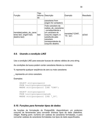 30


                          Tipo
Função                    retorna Descrição                Exemplo                Resultado
                          do
                                   caracteres from
                                   origem for contador))
                                   Todo caractere da
                                   cadeia_de_caracteres
                                   , correspondente a
translate(cadeia_de_carac          um caractere do
                                                        translate('12345',
teres text, origem text,  text     conjunto origem, é                             a23x5
                                                        '14', 'ax')
destino text)                      substituído pelo
                                   caractere
                                   correspondente do
                                   conjunto destino.




9.9. Usando a condição LIKE


Use a condição LIKE para executar buscas de valores válidos de uma string.

As condições da busca podem conter caracteres literais ou números:

% representa qualquer seqüência de zero ou mais caracteres

_ representa um único caractere.

Exemplos:

      SELECT strtipoorgaocol
      FROM tsuitipoorgaocolegiado
      WHERE strtipoorgaocol LIKE 'CON%’;

      SELECT strtipoorgaocol
      FROM tsuitipoorgaocolegiado
      WHERE strtipoorgaocol LIKE ‘_O%’;



9.10. Funções para formatar tipos de dados

As funções de formatação do PostgreSQL disponibilizam um poderoso
conjunto de ferramentas para converter diversos tipos de dado (date/time,
integer, floating point, numeric) em cadeias de caracteres formatadas, e para
converter cadeias de caracteres formatadas nos tipos de dado especificados.
 