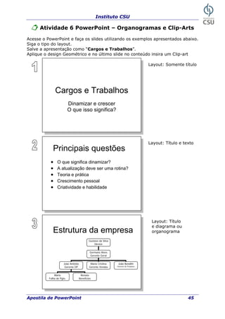 Instituto CSU
Atividade 6 PowerPoint – Organogramas e Clip-Arts
Acesse o PowerPoint e faça os slides util ando os exemplos apresentados abaixo.
Si
Sa
Aplique o design Geométrico e no último e no conteúdo insira um Clip-art
iz
ga o tipo do layout.
lve a apresentação como “Cargos e Trabalhos”.
slid
Principais questões
• O que significa dinamizar?
• A atualização deve ser uma rotina?
• Teoria e prática
• Crescimento pessoal
• Criatividade e habilidade
Cargos e Trabalhos
Dinamizar e crescer
O que isso significa?
Estrutura da empresa
Gustavo da Silva
Diretor
Germano Alves
Gerente Geral
João Antônio
Gerente DP
Maria Cristina
Gerente Vendas
João Bendith
Gerente de Produtos
Mário
Folha de Pgto.
Renata
Benefícios
Layout: Somente título
Layout: Título e texto
Layout: Título
e diagrama ou
organograma
Apostila de PowerPoint 45
 