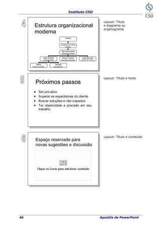 Instituto CSU
46 Apostila de PowerPoint
Estrutura organizacional
moderna
Layout: Título
e diagrama ou
organograma
Cliente
Gustavo da Silva
Diretor
Germano Alves
Gerente Geral
João Antônio Maria Cristina João Bendith
erente de ProdutosGerente DP Gerente Vendas G
Mário Renata
Folha de Pgto. Benefícios
Próximos passos
• Ser pró-ativo
• Superar as expectativas do cliente
• Buscar soluções e não culpados
• Ter objetividade e precisão em seu
trabalho
Layout: Título e texto
Layout: Título e conteúdo
Espaço reservado para
novas sugestões e discussão
 