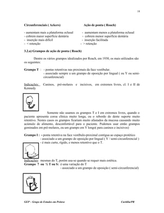 Circunferenciais ( Ackers) Ação de ponta ( Roach)
- aumentam mais a plataforma oclusal - aumentam menos a plataforma oclusal
- cobrem maior superfície dentária - cobrem menor superfície dentária
- inserção mais difícil - inserção facilitada
- < retenção - > retenção
3.2.a) Grampos de ação de ponta ( Roach)
Dentre os vários grampos idealizados por Roach, em 1930, os mais utilizados são
os seguintes:
Grampo T : - pontas retentivas nas proximais da face vestibular.
- associado sempre a um grampo de oposição por lingual ( ou Y ou semi-
circunferencial)
Indicações: Caninos, pré-molares e incisivos, em extremos livres, cl. I e II de
Kennedy
Somente não usamos os grampos T e I em extremos livres, quando o
paciente apresenta coroa clínica muito longa, ou o rebordo do dente suporte muito
retentivo. Nestes casos os grampos ficariam muito afastados da mucosa causando muito
acúmulo de alimento, desconfortável para o paciente. Podemos usar então grampos
geminados em pré-molares, ou um grampo em Y longo( para caninos e incisivos)
Grampo I : - ponta retentiva na face vestíbulo-proximal contígua ao espaço protético
- associado a um grampo de oposição por lingual ( Y / semi-circunferencial )
- é mais curto, rígido, e menos retentivo que o T.
Indicações: mesmas do T, porém usa-se quando se requer mais estética.
Grampo 7 ou ½ T ou S: é uma variação do T
- associado a um grampo de oposição ( semi-circunferencial)
GEP – Grupo de Estudos em Prótese Curitiba/PR
18
 