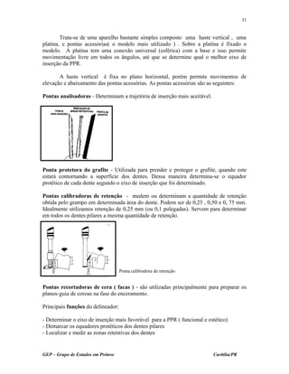 Trata-se de uma aparelho bastante simples composto uma haste vertical , uma
platina, e pontas acessórias( o modelo mais utilizado ) . Sobre a platina é fixado o
modelo. A platina tem uma conexão universal (esférica) com a base e isso permite
movimentação livre em todos os ângulos, até que se determine qual o melhor eixo de
inserção da PPR.
A haste vertical é fixa no plano horizontal, porém permite movimentos de
elevação e abaixamento das pontas acessórias. As pontas acessórias são as seguintes:
Pontas analisadoras - Determinam a trajetória de inserção mais aceitável.
Ponta protetora do grafite - Utilizada para prender e proteger o grafite, quando este
estará contornando a superfície dos dentes. Dessa maneira determina-se o equador
protético de cada dente segundo o eixo de inserção que foi determinado.
Pontas calibradoras de retenção - medem ou determinam a quantidade de retenção
obtida pelo grampo em determinada área do dente. Podem ser de 0,25 , 0,50 e 0, 75 mm.
Idealmente utilizamos retenção de 0,25 mm (ou 0,1 polegadas). Servem para determinar
em todos os dentes pilares a mesma quantidade de retenção.
Pontas recortadoras de cera ( facas ) - são utilizadas principalmente para preparar os
planos-guia de coroas na fase do enceramento.
Principais funções do delineador:
- Determinar o eixo de inserção mais favorável para a PPR ( funcional e estético)
- Demarcar os equadores protéticos dos dentes pilares
- Localizar e medir as zonas retentivas dos dentes
GEP – Grupo de Estudos em Prótese Curitiba/PR
31
Ponta calibradora de retenção
 