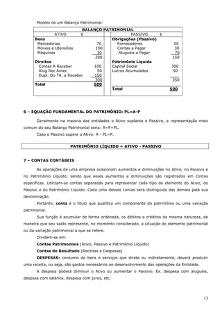 13
Modelo de um Balanço Patrimonial:
BALANÇO PATRIMONIAL
ATIVO $ PASSIVO $
Bens
Mercadorias 70
Móveis e Utensílios 100
Máquinas 30
200
Direitos
Contas A Receber 100
Alug Rec Antec 50
Dupl. Ou Tít. a Receber 150
300
Total 500
Obrigações (Passivo)
Fornecedores 50
Contas a Pagar 30
Aluguéis a Pagar 70
150
Patrimônio Líquido
Capital Social 300
Lucros Acumulados 50
____
350
_____________________________
Total 500
6 – EQUAÇÃO FUNDAMENTAL DO PATRIMÔNIO: PL=A-P
Geralmente na maioria das entidades o Ativo suplanta o Passivo, a representação mais
comum do seu Balanço Patrimonial seria: A=P+PL.
Caso o Passivo supere o Ativo: A - PL=P.
PATRIMÔNIO LÍQUIDO = ATIVO - PASSIVO
7 – CONTAS CONTÁBEIS
As operações de uma empresa ocasionam aumentos e diminuições no Ativo, no Passivo e
no Patrimônio Líquido; sendo que esses aumentos e diminuições são registrados em contas
específicas. Utilizam-se contas separadas para representar cada tipo de elemento do Ativo, do
Passivo e do Patrimônio Líquido. Cada uma dessas contas será distinguida das demais pela sua
denominação.
Portanto, conta é o título que qualifica um componente do patrimônio ou uma variação
patrimonial.
Sua função é acumular de forma ordenada, os débitos e créditos da mesma natureza, de
maneira que seu saldo represente, no momento considerado, a situação do elemento patrimonial
ou da variação patrimonial a que se refere.
Dividem-se em:
Contas Patrimoniais (Ativo, Passivo e Patrimônio Líquido)
Contas de Resultado (Receitas e Despesas)
DESPESAS: consumo de bens e serviços que direta ou indiretamente, deverá produzir
uma receita, ou seja, são gastos necessários ao desenvolvimento das operações da Entidade.
A despesa poderá diminuir o Ativo ou aumentar o Passivo. Ex. despesa com aluguéis,
despesa com salários, despesa com juros, etc.
 