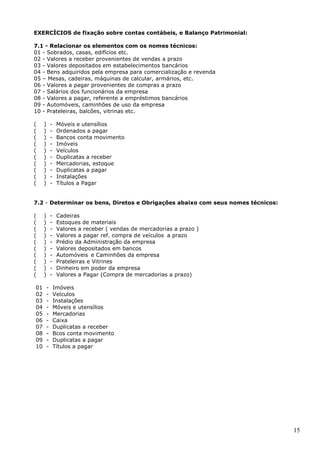 15
EXERCÍCIOS de fixação sobre contas contábeis, e Balanço Patrimonial:
7.1 - Relacionar os elementos com os nomes técnicos:
01 - Sobrados, casas, edifícios etc.
02 - Valores a receber provenientes de vendas a prazo
03 - Valores depositados em estabelecimentos bancários
04 - Bens adquiridos pela empresa para comercialização e revenda
05 – Mesas, cadeiras, máquinas de calcular, armários, etc.
06 - Valores a pagar provenientes de compras a prazo
07 - Salários dos funcionários da empresa
08 - Valores a pagar, referente a empréstimos bancários
09 - Automóveis, caminhões de uso da empresa
10 - Prateleiras, balcões, vitrinas etc.
( ) - Móveis e utensílios
( ) - Ordenados a pagar
( ) - Bancos conta movimento
( ) - Imóveis
( ) - Veículos
( ) - Duplicatas a receber
( ) - Mercadorias, estoque
( ) - Duplicatas a pagar
( ) - Instalações
( ) - Títulos a Pagar
7.2 - Determinar os bens, Diretos e Obrigações abaixo com seus nomes técnicos:
( ) - Cadeiras
( ) - Estoques de materiais
( ) - Valores a receber ( vendas de mercadorias a prazo )
( ) - Valores a pagar ref. compra de veículos a prazo
( ) - Prédio da Administração da empresa
( ) - Valores depositados em bancos
( ) - Automóveis e Caminhões da empresa
( ) - Prateleiras e Vitrines
( ) - Dinheiro em poder da empresa
( ) - Valores a Pagar (Compra de mercadorias a prazo)
01 - Imóveis
02 - Veículos
03 - Instalações
04 - Móveis e utensílios
05 - Mercadorias
06 - Caixa
07 - Duplicatas a receber
08 - Bcos conta movimento
09 - Duplicatas a pagar
10 - Títulos a pagar
 