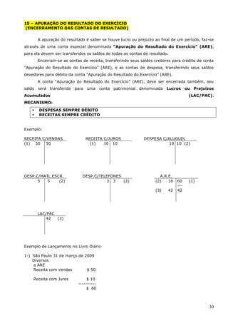 30
15 – APURAÇÃO DO RESULTADO DO EXERCÍCIO
(ENCERRAMENTO DAS CONTAS DE RESULTADO)
A apuração do resultado é saber se houve lucro ou prejuízo ao final de um período, faz-se
através de uma conta especial denominada “Apuração do Resultado do Exercício” (ARE),
para ela devem ser transferidos os saldos de todas as contas de resultado.
Encerram-se as contas de receita, transferindo seus saldos credores para crédito da conta
“Apuração do Resultado do Exercício” (ARE), e as contas de despesa, transferindo seus saldos
devedores para débito da conta “Apuração do Resultado do Exercício” (ARE).
A conta “Apuração do Resultado do Exercício” (ARE), deve ser encerrada também, seu
saldo será transferido para uma conta patrimonial denominada Lucros ou Prejuízos
Acumulados (LAC/PAC).
MECANISMO:
 DESPESAS SEMPRE DÉBITO
 RECEITAS SEMPRE CRÉDITO
Exemplo:
RECEITA C/VENDAS RECEITA C/JUROS DESPESA C/ALUGUEL
(1) 50 50 (1) 10 10 10 10 (2)
DESP.C/MATL.ESCR. DESP.C/TELEFONES A.R.E.
5 5 (2) 3 3 (2) (2) 18
(3) 42
60 (1)
---
42
LAC/PAC
42 (3)
Exemplo de Lançamento no Livro Diário
1-) São Paulo 31 de março de 2009
Diversos
a ARE
Receita com vendas $ 50
Receita com Juros $ 10
----------
$ 60
 