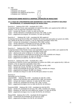 31
2-) ARE
a Diversos
a Despesa com Aluguel $ 10
a Despesa com Material de Escritório $ 5
a Despesa com Telefones $ 3
--------
$ 18
EXERCICIOS SOBRE RECEITA E DESPESA: APURAÇÃO DE RESULTADO
15.1) FAÇA OS LANÇAMENTOS NOS RAZONETES E AO FINAL LEVANTE O BALANÇO
PATRIMONIAL E A DEMONSTRAÇÃO DO RESULTADO
Exercício 1 (balanço R$ 6.200 - resultado R$ 2.200)
A empresa Takaro iniciou suas operações em janeiro de 2004, com capital de R$ 4.000 em
dinheiro, e fez as seguintes operações nesse mês:
12/01 – compra de moveis, a vista, no valor de R$ 500
13/01 – Venda referente a prestação de serviços, R$ 3.000, á vista
31/01 – pagamento de aluguel, em dinheiro, no valor de R$ 800.
Exercício 2 (balanço R$ 3.100 - resultado R$ 300 negativo)
A empresa Morro de Fome & Mas não Trabalho SA iniciou suas operações em janeiro de 2004,
com capital de R$ 900 em dinheiro, e fez as seguintes operações nesse mês:
12/01 – compra de computador e impressora, R$ 2.500, a prazo
13/01 – Venda referente a prestação de serviços, R$ 500, á vista
31/01 – pagamento de aluguel, em dinheiro, R$ 800.
Exercício 3 (balanço R$ 2.700 - resultado R$ 1.700)
A empresa Dias & Dias Parado iniciou suas operações em janeiro de 2004, com capital de R$
1.000 em dinheiro, e fez as seguintes operações nesse mês:
12/01 – abertura de conta no Banco X, no valor de R$ 500
13/01 – Venda referente a prestação de serviços, R$ 3.000, recebido em cheque.
31/01 – pagamento de aluguel, no valor de R$ 800 em cheque
31/01 – pagamento de salários, R$ 500 em cheque
Exercício 4 (balanço R$ 3.200 - resultado R$ 1.700)
A empresa Eu Sozinho iniciou suas operações em janeiro de 2008, com capital de R$ 1.500 em
dinheiro, e fez as seguintes operações nesse mês:
04/01 – abertura de conta no Banco X, com deposito de R$ 1.000
12/01 – compra de moveis, R$ 500, em dinheiro
13/01 – Venda ref.prestação de serviços, R$ 2.500, recebido em cheque.
31/01 – pagamento de aluguel, R$ 800, em cheque
31/01 – emissão de cheque no valor de R$ 500 para colocar no caixa
Exercício 5
Operações da Cia Chicletes
Janeiro/2008 (balanço R$ 2.450 – resultado do mês R$ 1.450)
05/01 – abertura da empresa com capital de R$ 1.000, em dinheiro
06/01 – compra de mesas e cadeiras, no valor de R$ 400 a vista.
15/01 – Venda ref. prestação de serviços, R$ 1.500, a prazo
30/01 – pagamento de água e luz no valor de R$ 50, em dinheiro
Fevereiro/2008 (balanço R$ 3.320 - resultado do mês R$ 870)
02/02 – Venda ref. prestação de serviços, R$ 1.000, recebido em cheque
28/02 – Despesa ref. baixa de uma cadeira por quebra, no valor de R$ 80
28/02 – pagamento de água e luz no valor de R$ 50, em dinheiro
Março/2008 (balanço R$ 3.270 - resultado R$ 50 negativo)
01/03 – recebimento da prestação de serviços de 15/01
30/03 – pagamento de água e luz R$ 50, em dinheiro
 