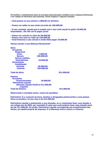 61
Pra facilitar o entendimento sobre as principais demonstrações contábeis como o Balanço Patrimonial,
e em relação ao Patrimônio das empresas, vamos imaginar o seguinte exemplo:
- Você possui na sua carteira 1.000,00 em dinheiro
- Possui um saldo na sua conta corrente de 100.000,00
- O seu cunhado, aquele que é casado com a sua irmã caçula te pediu 10.000,00
emprestado . Ele não vai te pagar juros!
- Possui um veiculo no valor de 60.000,00
- Possui uma casa no valor de 150.000,00
- Você financiou o seu veiculo e ainda falta pagar 10.000,00
Vamos montar o seu Balanço Patrimonial?
Ativo
Circulante
Disponível
Caixa 1.000,00
Bancos 100.000,00
Outros créditos
Empréstimos 10.000,00
Permanente
Imobilizado
Veículos 60.000,00
Imóveis 150.000,00
Total do Ativo 321.000,00
Passivo
Circulante
Financiamentos 10.000,00
Patrimônio Liquido
Situação Liquida Positiva 311.000,00
(capital)
Total do Passivo 321.000,00
Observando o exemplo acima, vamos às questões:
Patrimônio: É o conjunto de bens, direitos e obrigações pertencentes a uma pessoa
física ou jurídica, no seu caso e de 321.000,00.
Patrimônio Liquido e justamente a sua situação, se vc resolvesse fazer uma doação a
um colega seu de MBA, por exemplo! O valor que você poderia fazer essa doação seria
de até 311.000,00. Ou ainda, Patrimônio Líquido corresponde aos investimentos dos
sócios, ao capital proprio da empresa. É a diferença entre o Ativo e o Passivo.
 