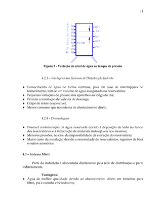 11
Figura 5 - Variação do nível de água no tanque de pressão
4.2.3 – Vantagens dos Sistemas de Distribuição Indireta
 Fornecimento de água de forma contínua, pois em caso de interrupções no
fornecimento, tem-se um volume de água assegurado no reservatório;
 Pequenas variações de pressão nos aparelhos ao longo do dia;
 Permite a instalação de válvula de descarga;
 Golpe de aríete desprezível;
 Menor consumo que no sistema de abastecimento direto.
4.2.4 – Desvantagens
 Possível contaminação da água reservada devido à deposição de lodo no fundo
dos reservatórios e à introdução de materiais indesejáveis nos mesmos;
 Menores pressões, no caso da impossibilidade da elevação do reservatório;
 Maior custo da instalação devido a necessidade de reservatórios, registros de bóia
e outros acessórios.
4.3 – Sistema Misto
Parte da instalação é alimentada diretamente pela rede de distribuição e parte
indiretamente.
Vantagens:
 Água de melhor qualidade devido ao abastecimento direto em torneiras para
filtro, pia e cozinha e bebedouros;
 