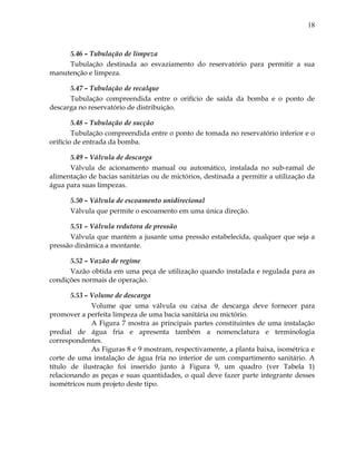 18
5.46 – Tubulação de limpeza
Tubulação destinada ao esvaziamento do reservatório para permitir a sua
manutenção e limpeza.
5.47 – Tubulação de recalque
Tubulação compreendida entre o orifício de saída da bomba e o ponto de
descarga no reservatório de distribuição.
5.48 – Tubulação de sucção
Tubulação compreendida entre o ponto de tomada no reservatório inferior e o
orifício de entrada da bomba.
5.49 – Válvula de descarga
Válvula de acionamento manual ou automático, instalada no sub-ramal de
alimentação de bacias sanitárias ou de mictórios, destinada a permitir a utilização da
água para suas limpezas.
5.50 – Válvula de escoamento unidirecional
Válvula que permite o escoamento em uma única direção.
5.51 – Válvula redutora de pressão
Válvula que mantém a jusante uma pressão estabelecida, qualquer que seja a
pressão dinâmica a montante.
5.52 – Vazão de regime
Vazão obtida em uma peça de utilização quando instalada e regulada para as
condições normais de operação.
5.53 – Volume de descarga
Volume que uma válvula ou caixa de descarga deve fornecer para
promover a perfeita limpeza de uma bacia sanitária ou mictório.
A Figura 7 mostra as principais partes constituintes de uma instalação
predial de água fria e apresenta também a nomenclatura e terminologia
correspondentes.
As Figuras 8 e 9 mostram, respectivamente, a planta baixa, isométrica e
corte de uma instalação de água fria no interior de um compartimento sanitário. A
título de ilustração foi inserido junto à Figura 9, um quadro (ver Tabela 1)
relacionando as peças e suas quantidades, o qual deve fazer parte integrante desses
isométricos num projeto deste tipo.
 