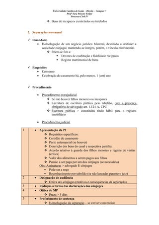 Universidade Católica de Goiás – Direito – Campus V
Profª Yara Peixoto Felipe
Processo Civil IV
 Bens de incapazes curatelados ou tutelados
2. Separação consensual
 Finalidade
• Homologação de um negócio jurídico bilateral, destinado a desfazer a
sociedade conjugal, mantendo-se íntegro, porém, o vínculo matrimonial.
 Põem-se fim a:
 Deveres de coabitação e fidelidade recíproca
 Regime matrimonial de bens
 Requisitos
• Consenso
• Celebração do casamento há, pelo menos, 1 (um) ano
 Procedimento
• Procedimento extrajudicial
 Se não houver filhos menores ou incapazes
 Lavratura de escritura pública pelo tabelião, com a presença
obrigatória de advogado art. 1.124-A, CPC
 Escritura pública > constituirá título hábil para o registro
imobiliário
• Procedimento judicial
1 • Apresentação da PI
 Requisitos específicos:
 Certidão de casamento
 Pacto antenupcial (se houver)
 Descrição dos bens do casal e respectiva partilha
 Acordo relativo à guarda dos filhos menores e regime de visitas
(crítica)
 Valor dos alimentos a serem pagos aos filhos
 Pensão a ser paga por um dos cônjuges (se necessária)
Obs: Assinaturas > advogado E cônjuges
 Pode ser a rogo
 Reconhecimento por tabelião (se não lançadas perante o juiz)
2 • Designação de audiência
 Oitiva dos cônjuges (motivos e consequências da separação)
3 • Redução a termo das declarações dos cônjuges
4 • Oitiva do MP
 Prazo > 5 dias
5 • Proferimento de sentença
 Homologação da separação – se estiver convencido
 